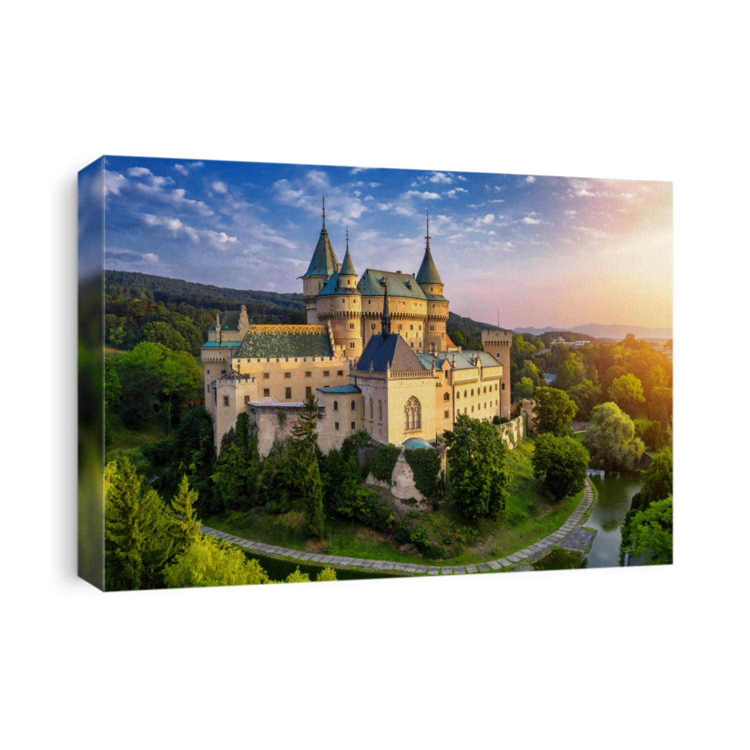 Aerial view of Bojnice medieval castle, UNESCO heritage in Slovakia. Romantic castle with gothic and Renaissance elements built in 12th century.