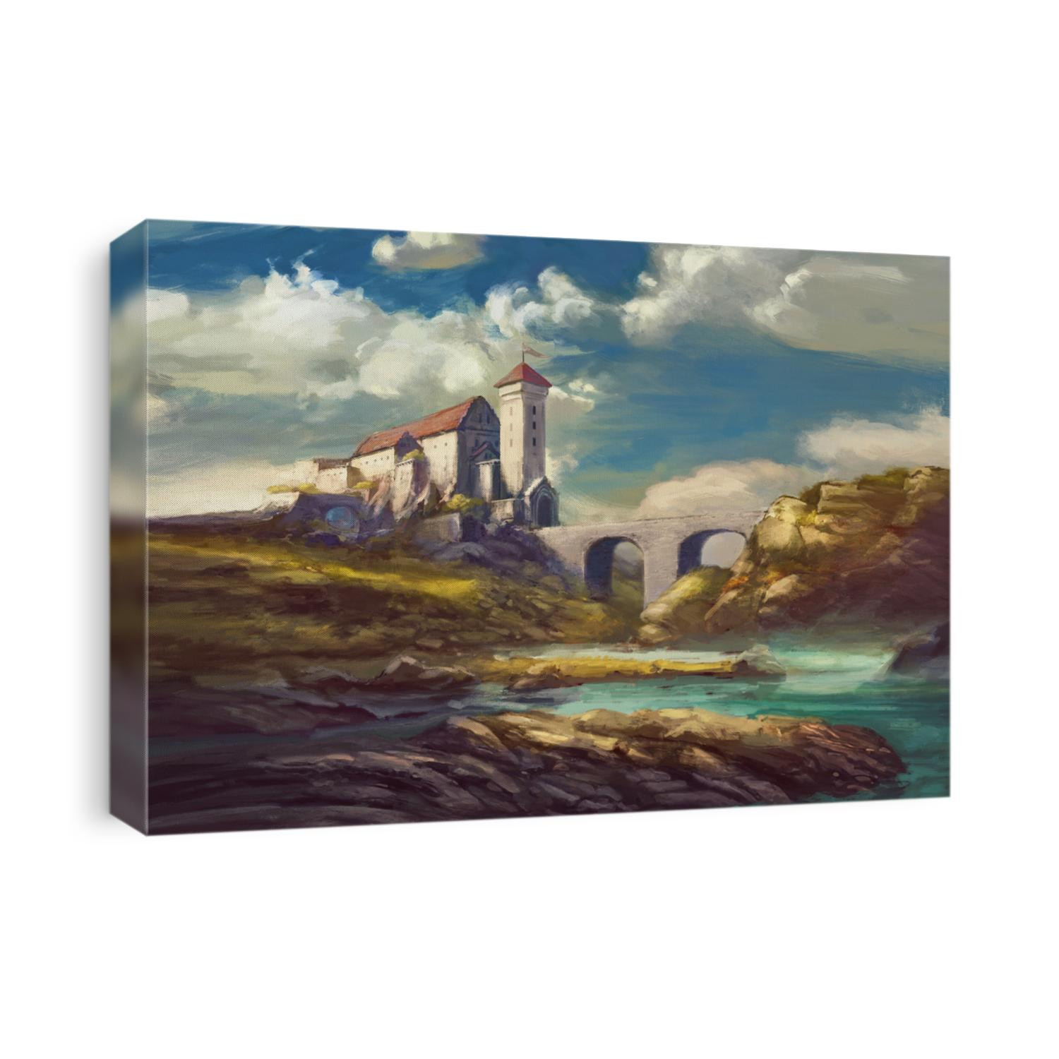 landscape with medieval castle on cliff, stone bridge over river, rocks, beautiful sky with white clouds - painting fantasy scene, fictional castle