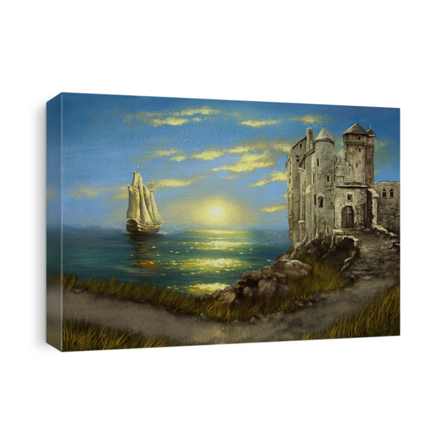 Paintings landscape, castle on the shore of the sea, castle on the hill. Fine art