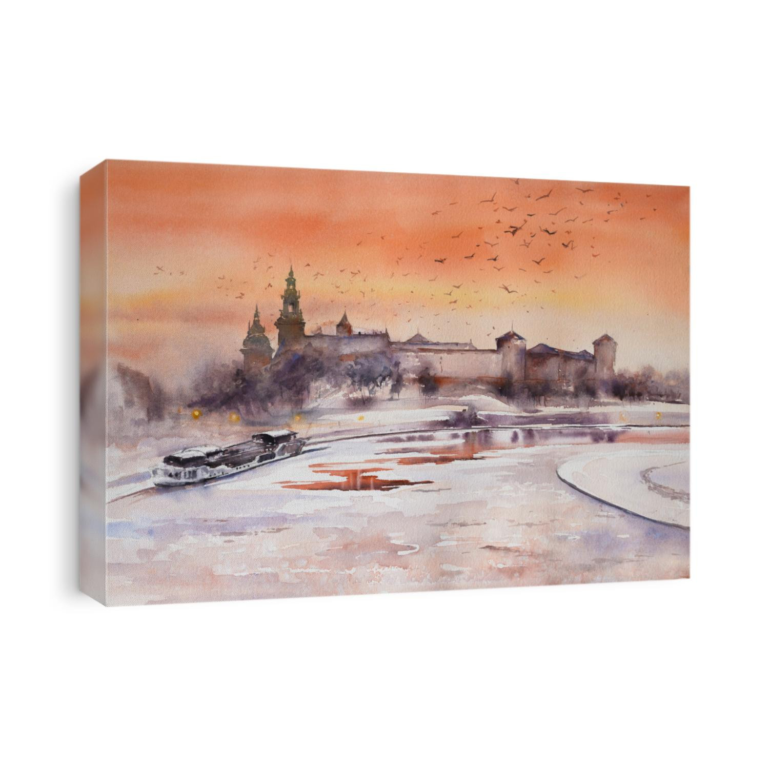 Winter view of Royal castle of the Polish kings on the Wawel hill, over the Vistula river in beautiful sunset light , Krakow, Poland. Watercolor painting.