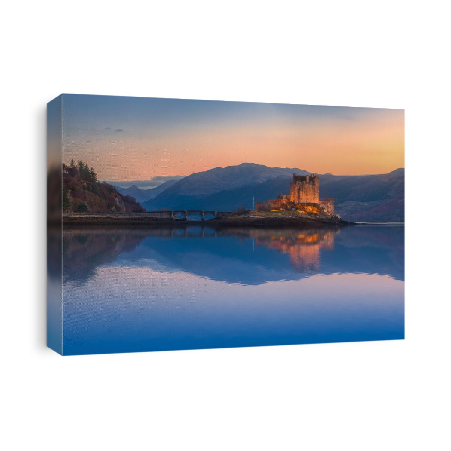 Eilean Donan Castle Panorama. Reflection on Lochalsh. Dornie, Scotland.