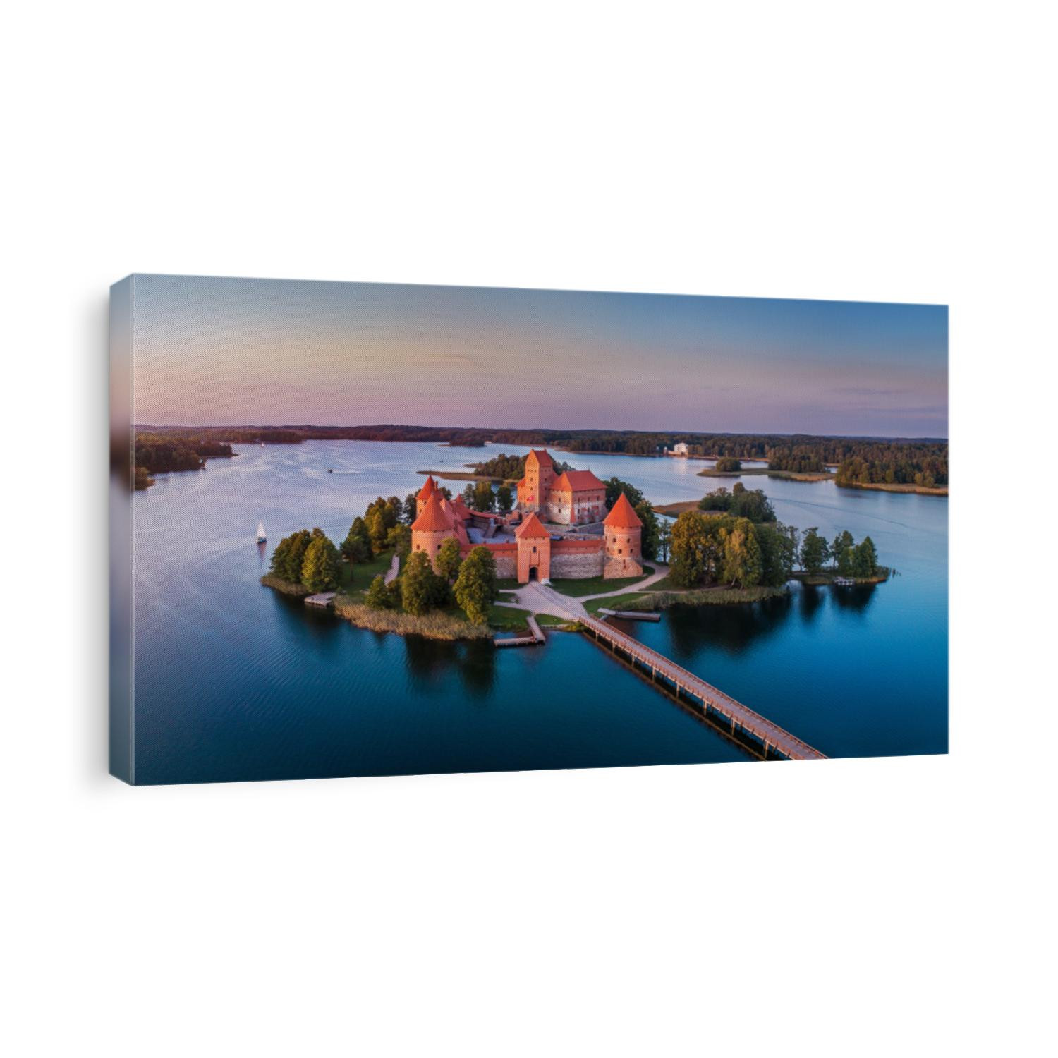 Trakai castle: medieval gothic Island castle, located in Galve lake. Flat lay of the most beautiful Lithuanian landmark. Trakai Island Castle - one of the most popular tourist destination in Lithuania