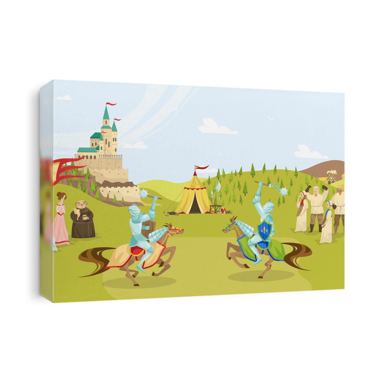 Medieval epoch tournament, cartoon people characters, knights with swords on horses fighting, peasants and castle vector illustration. Medieval life enterternament and historic games.