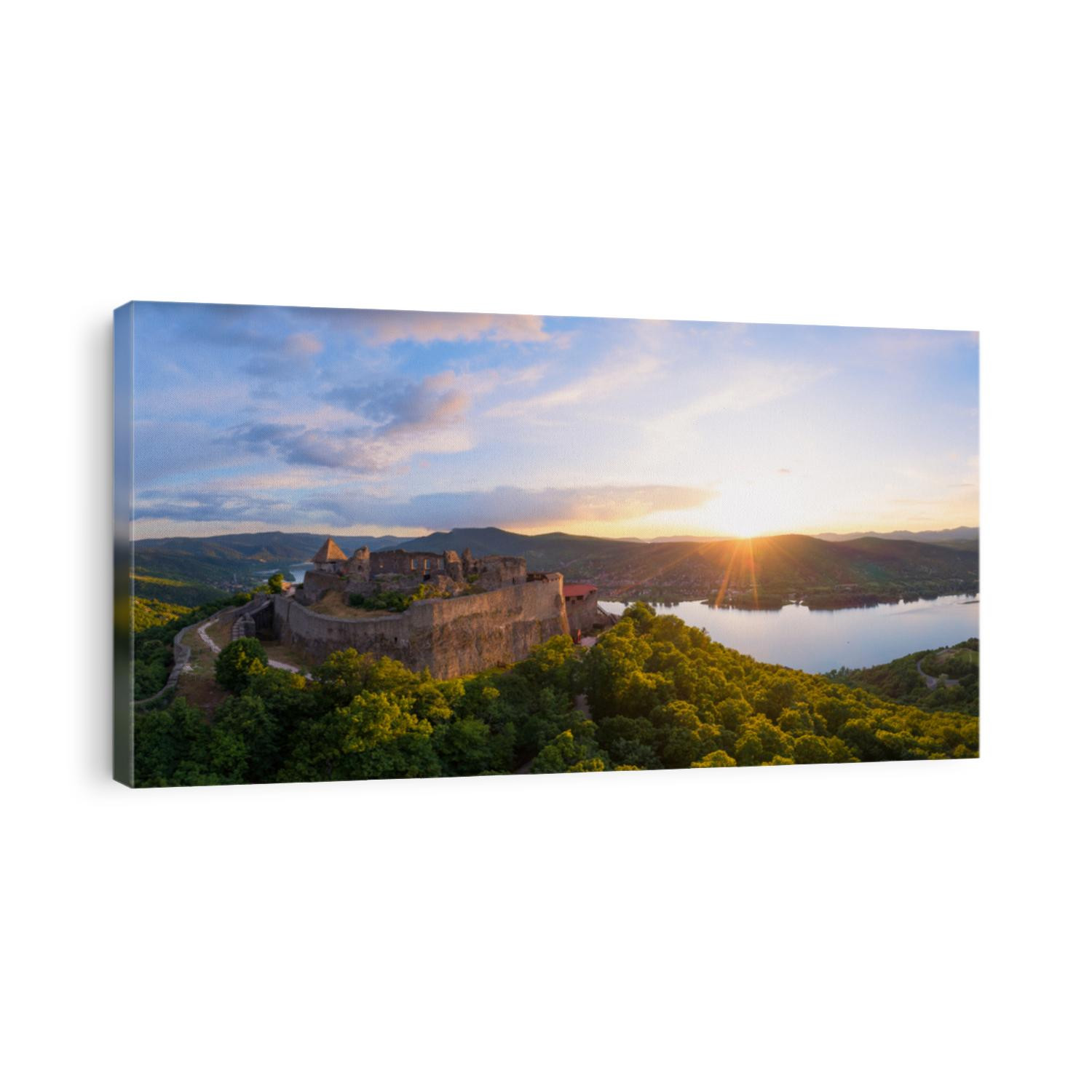Amazing aerial landscapes about the Visegrad Castle in Hungary.  Fantastic historical castle ruin in Danube bend. Populad tourist destination