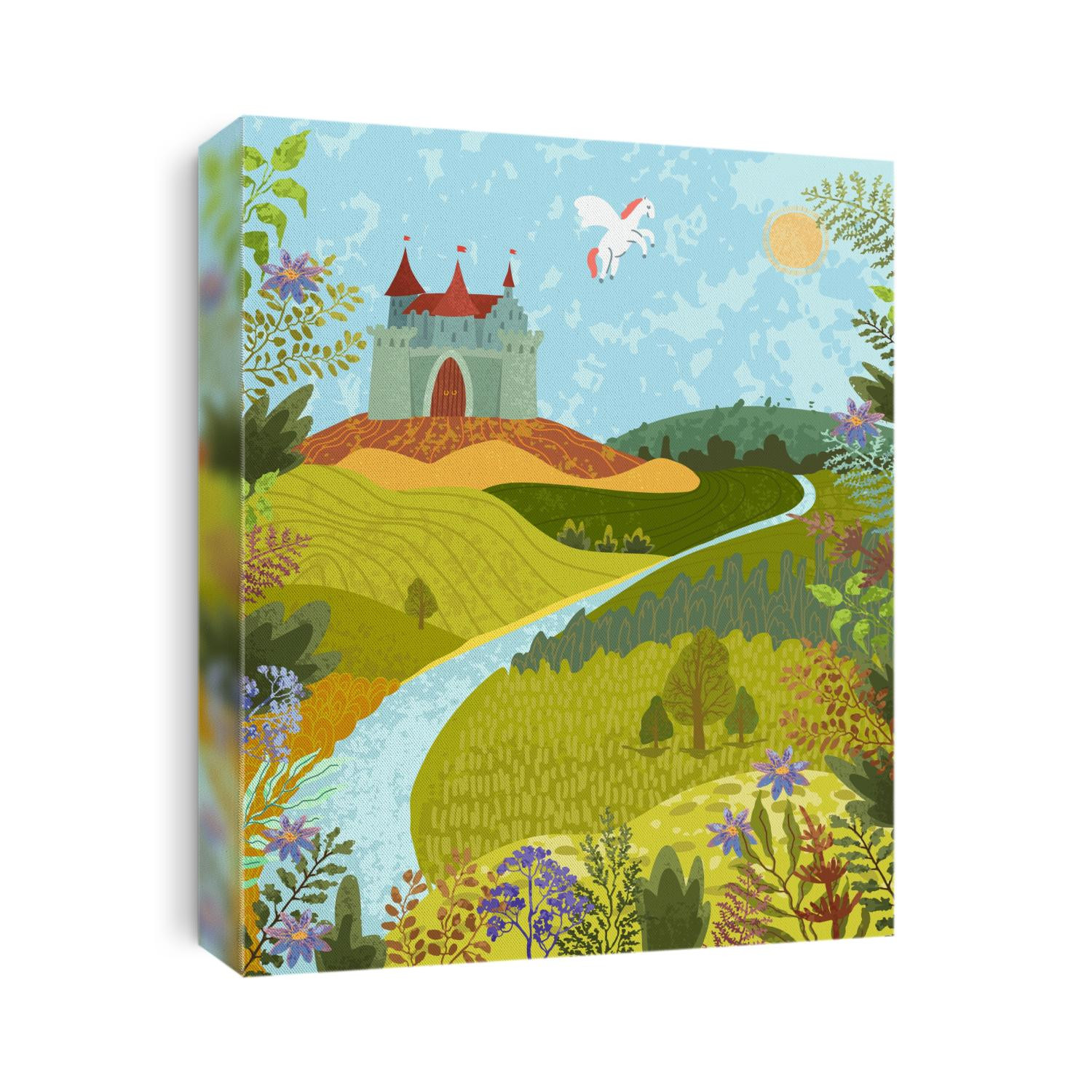 Vector colorful textured illustration of fabulous nature landscape with a castle and a pegasus. Use it as background for poster, postcard, brochure, card, banner or other graphic design