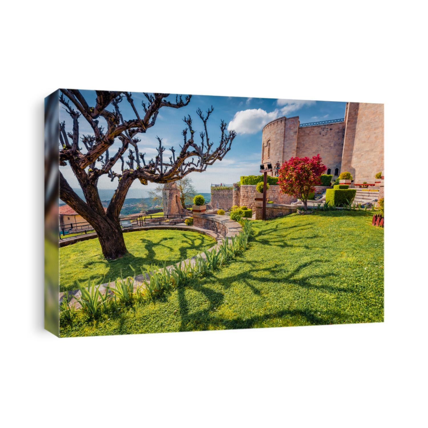 Early spring in Albania. Bright morning view of Castle of Kruja. Beautiful landscape of Albania, Europe. Traveling concept background.