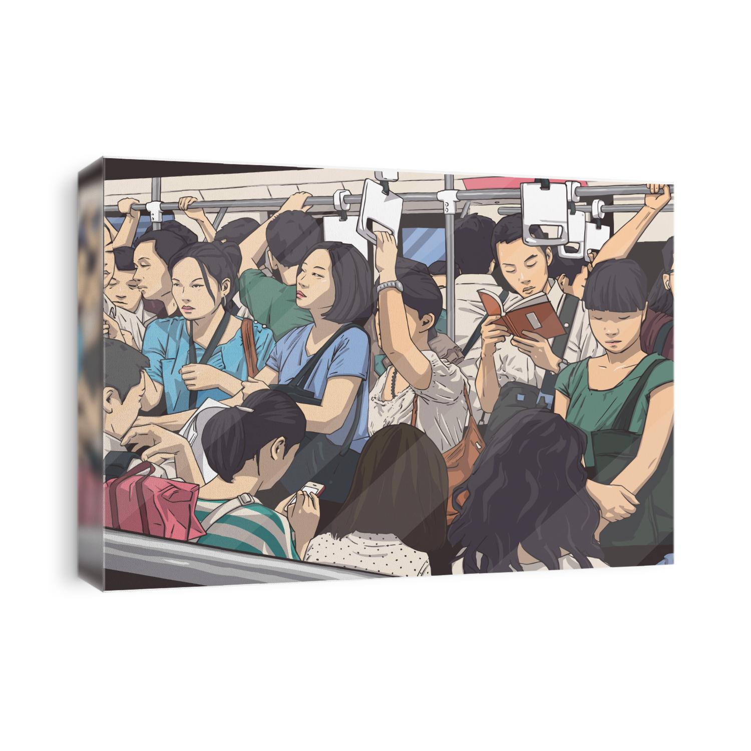Illustration of crowded metro, subway cart in rush hour