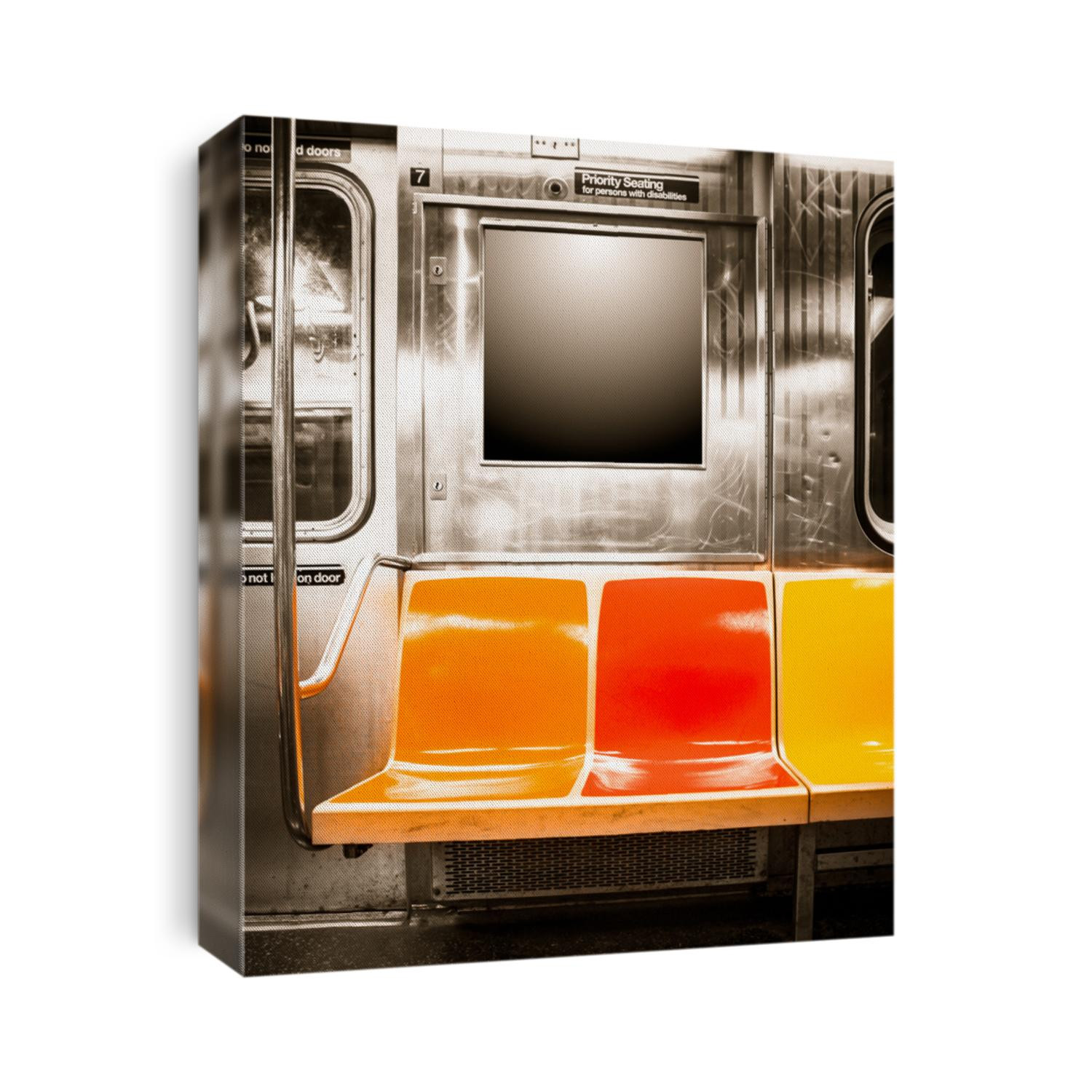 View inside New York City subway train car with vintage orange, yellow and red color seats