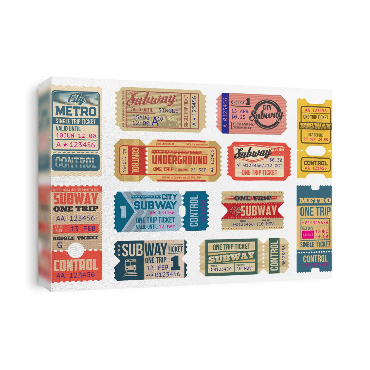 Underground vintage tickets vector templates, subway train and electric railways. Underground transportation retro pass cards or trip coupons with cut lines. Isolated on white