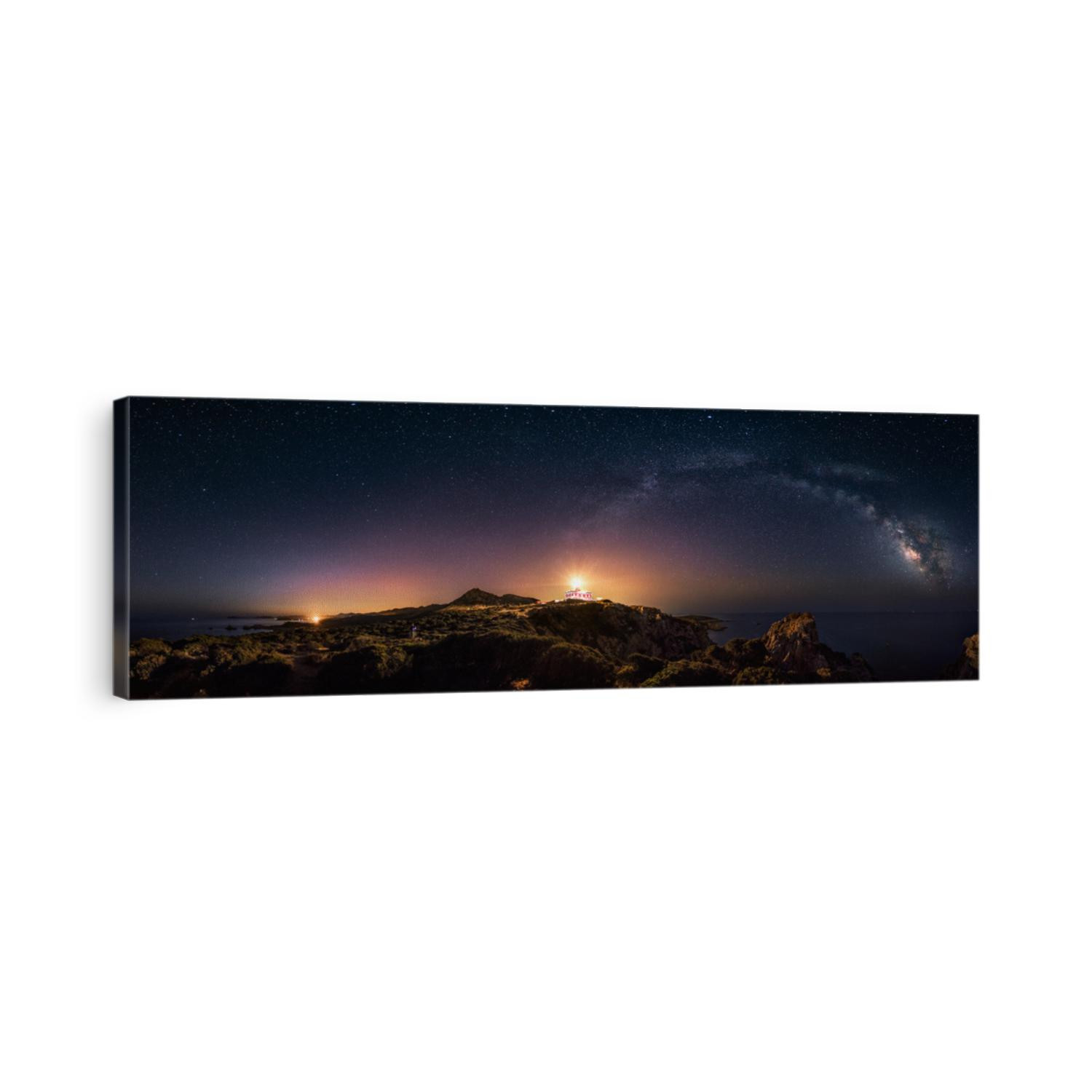 rectilinear 360 degrees panoramic view of starry night with milky way arc and lighthouse of Capo Spartivento -  very high resolution 