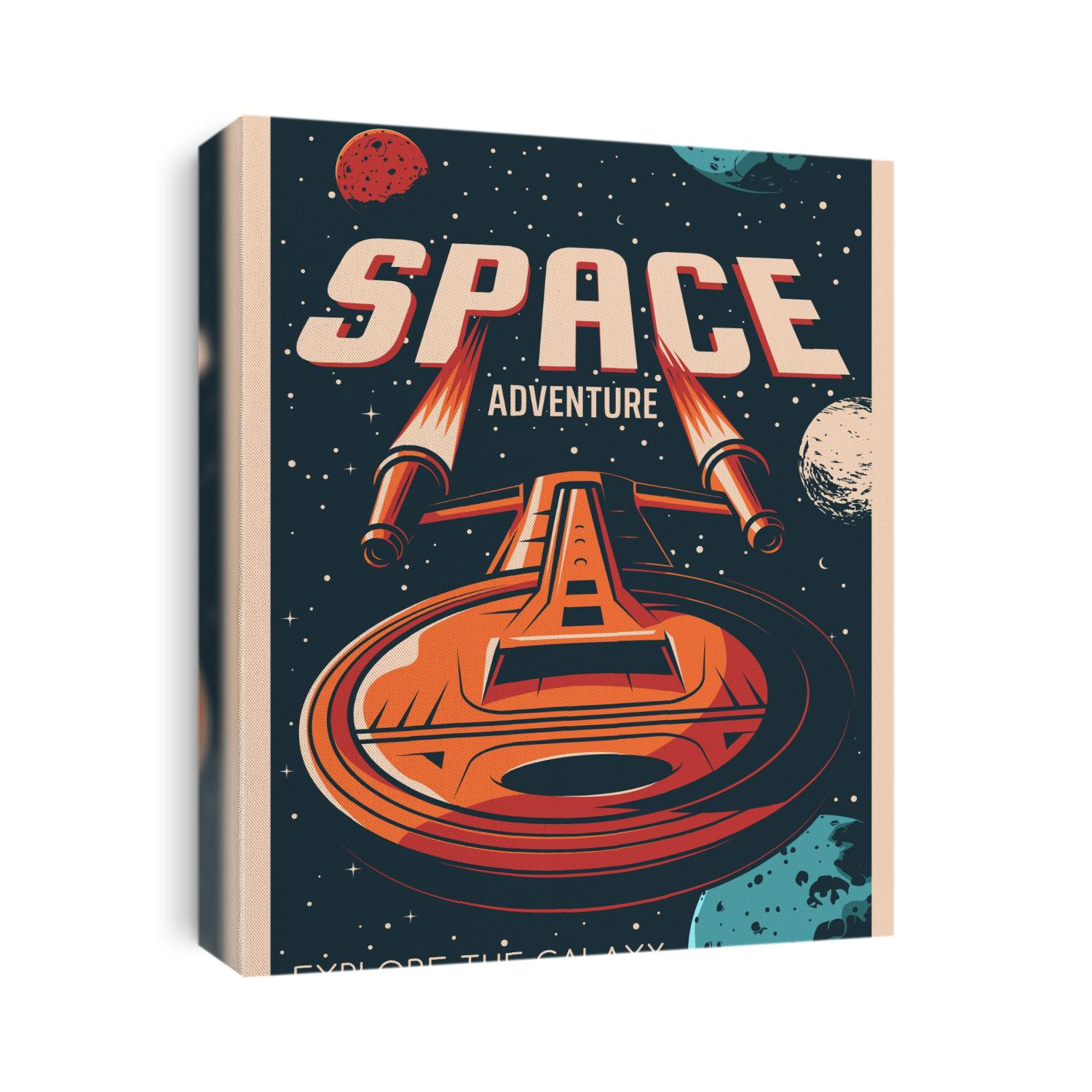 Space adventure retro poster with vector universe galaxy planets, stars and spaceship. Astronomy spacecraft rocket, shuttle or space ship with fire from nozzles, Earth, Moon and Mars, stars, asteroids