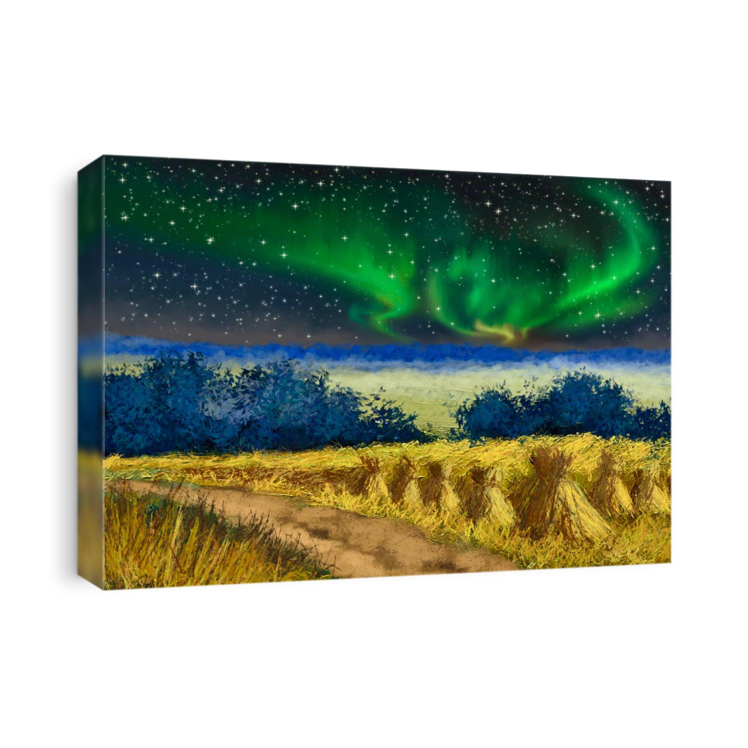 Oil paintings rural landscape. Night of the northern lights, landscape with a field of wheat