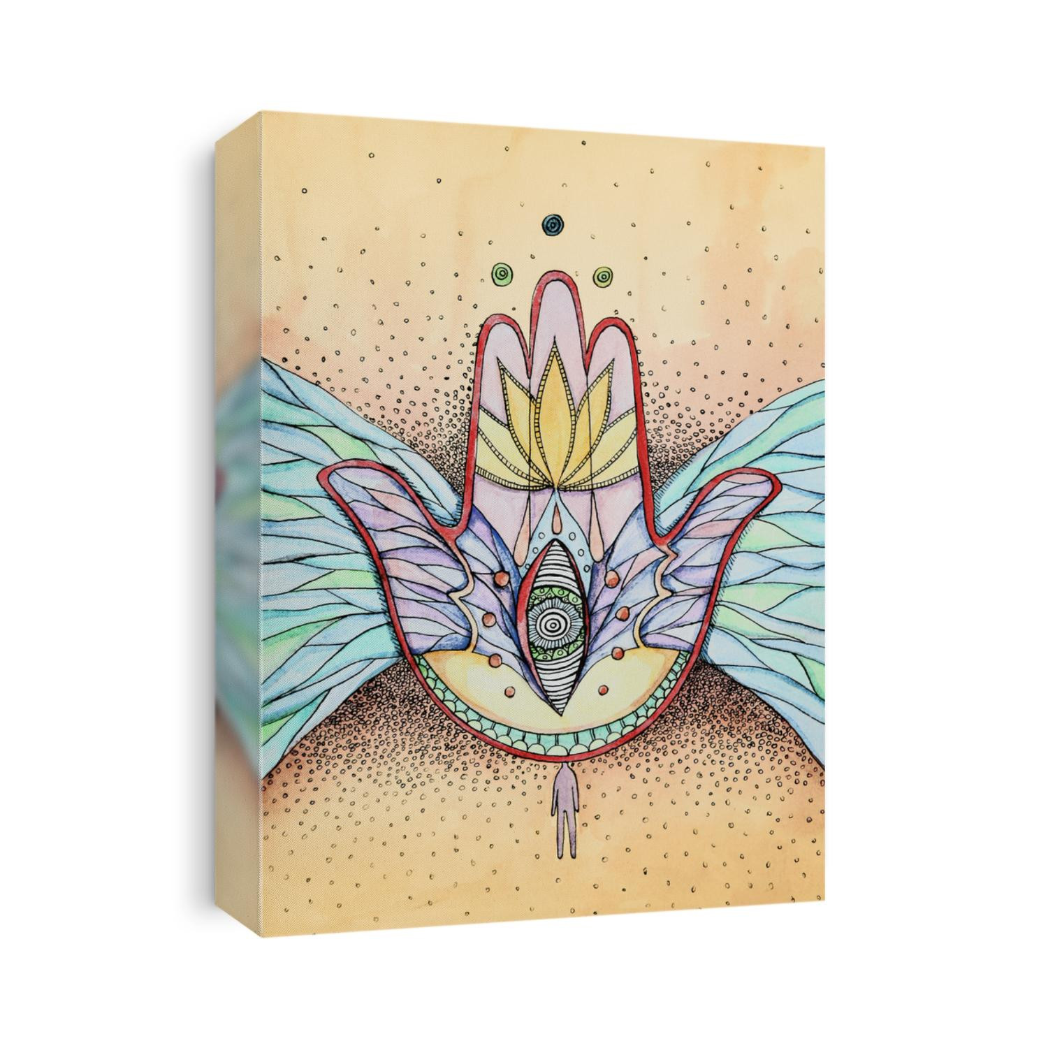abstract hamsa hand with wings and eye, ink and watercolor illustration