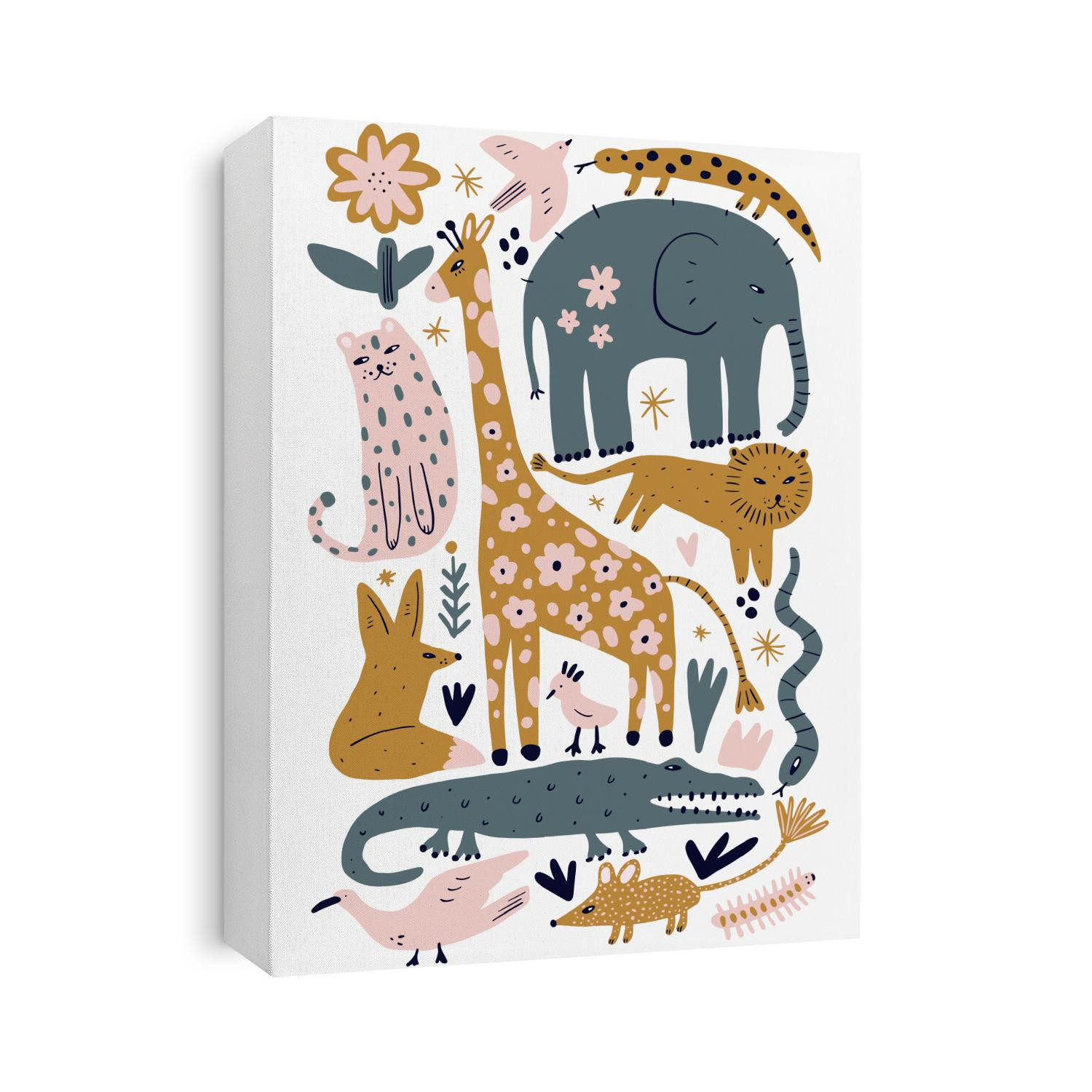 Vector illustration of cute wild safari African animals. Including leopard, lion, giraffe, fox, birds, snake, salamander lizard and more. Funny cartoon doodle characters in scandinavian style. Kids