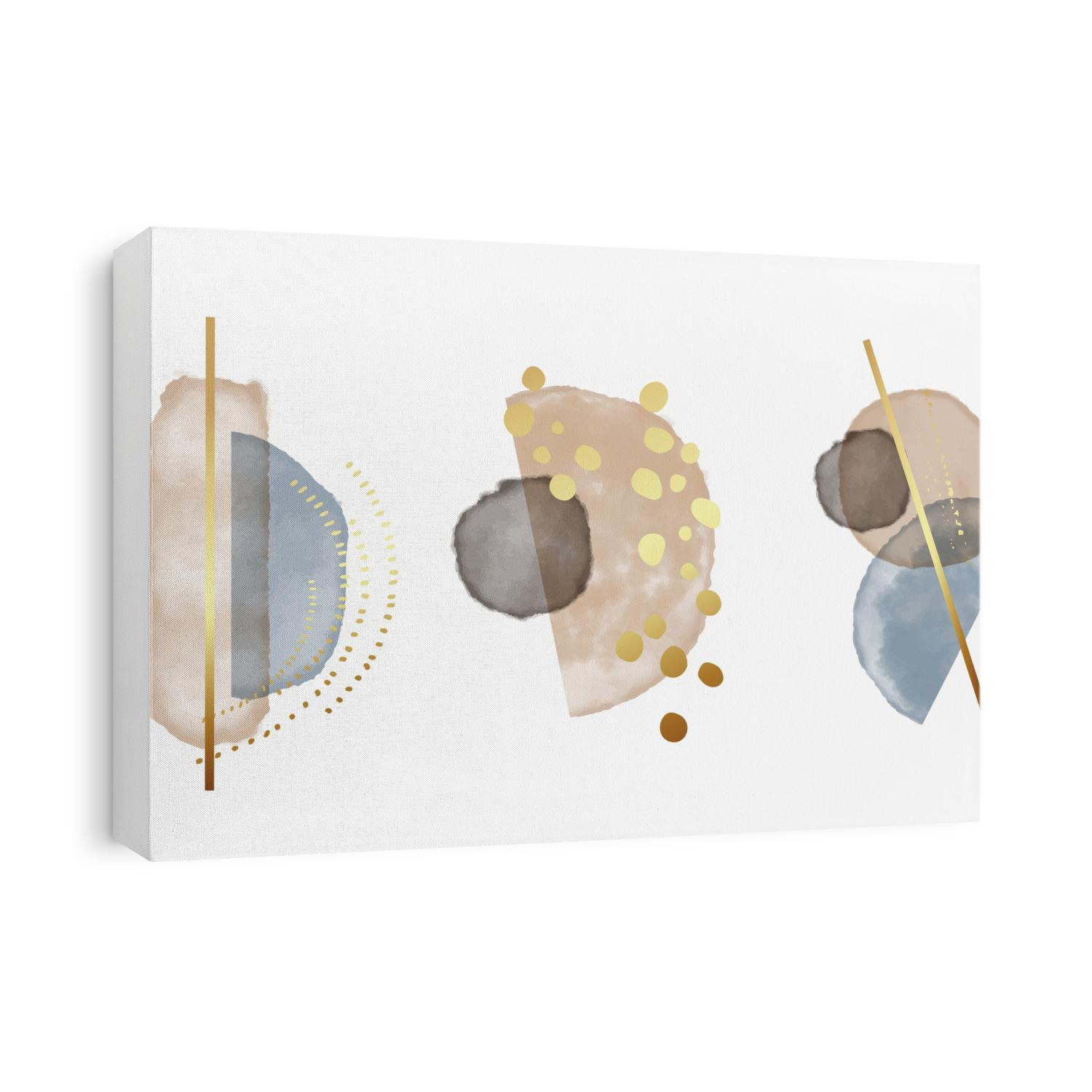 Watercolor Blue beige abstract shapes, gold splashes, boho design. Elegant contemporary bohemian design. Minimal graphics, home decor, branding, advertising