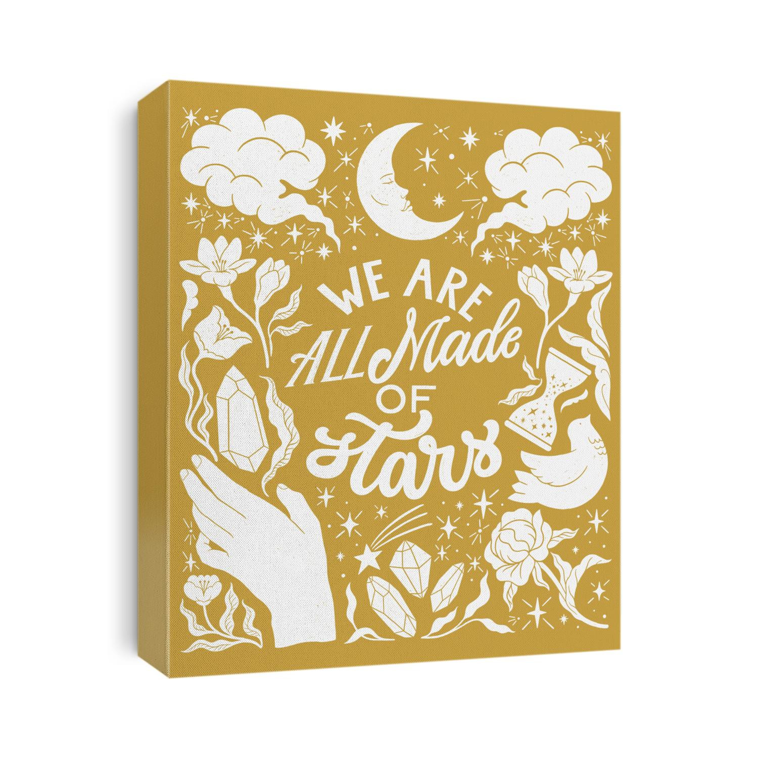 We are all made of stars - inspirational hand written lettering quote. Floral decorative elements, magic hands keeping crystal, witchy, mystic celestial style poster. Feminist women phrase. Trendy