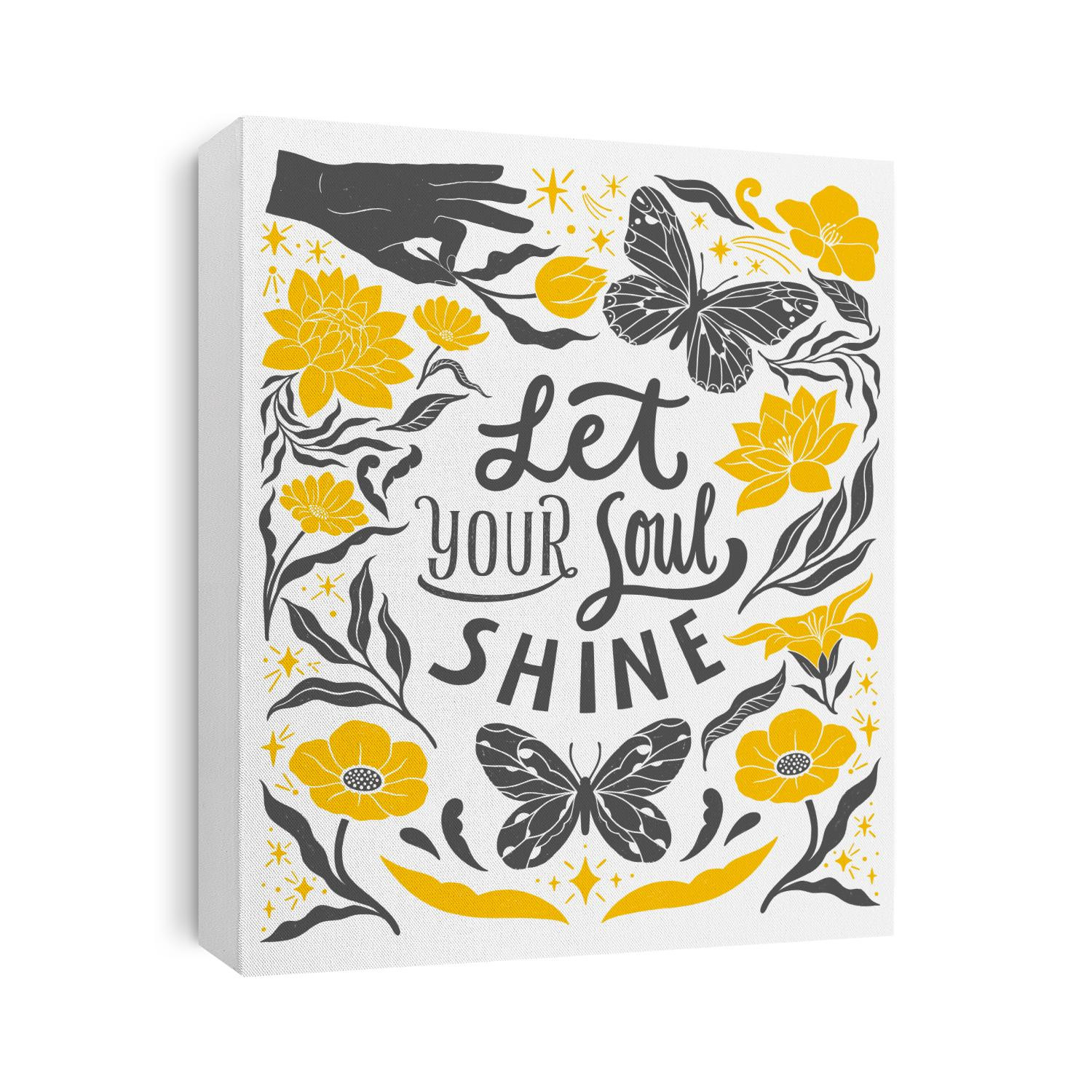Let your soul shine - inspirational hand written lettering quote. Floral decorative elements, magic hands keeping flower, cosmic, mystic celestial style poster. Feminist women phrase. Trendy linocut