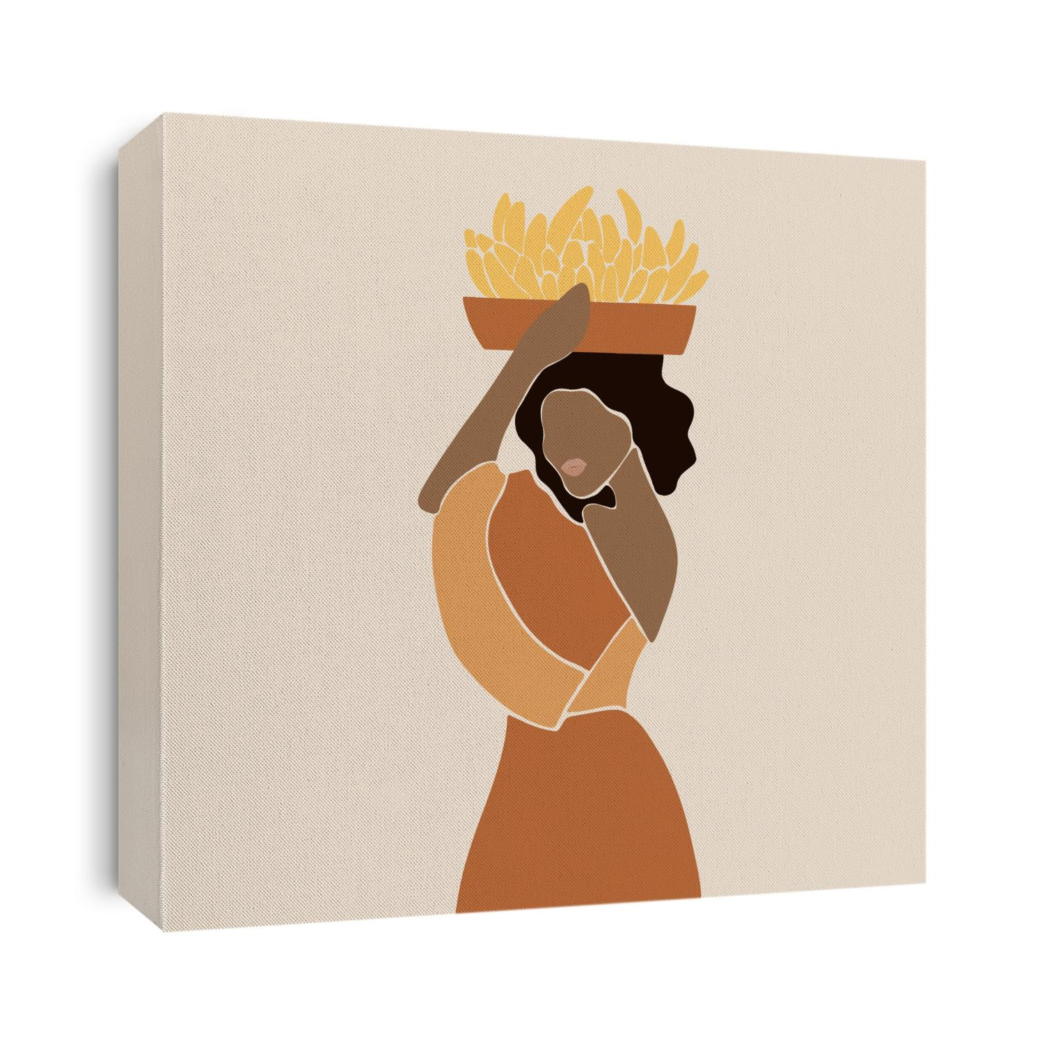 Colored silhouette of an African woman with a bananas basket on her head. Made in modern art.