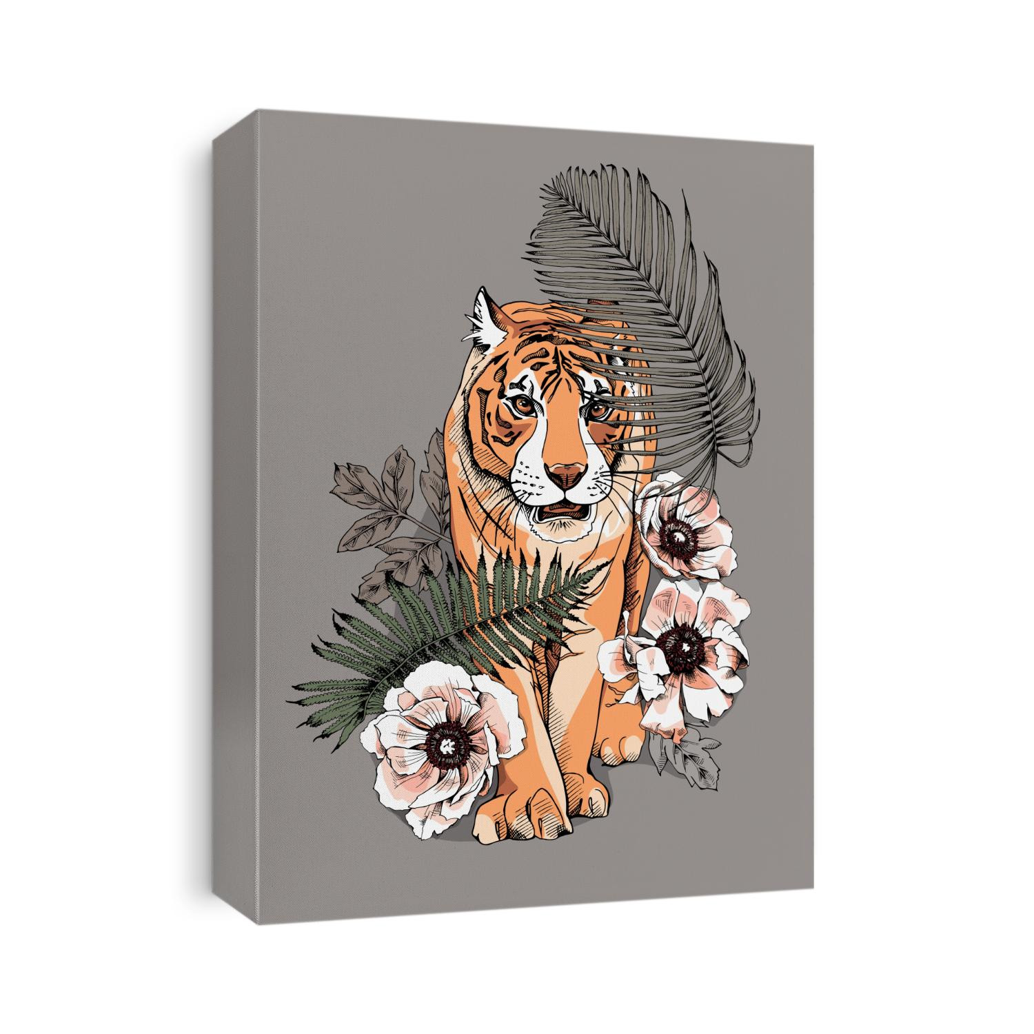 Tigers with the flowers and exotic palm leaves. Creative textile composition, hand drawn style print. Vector illustration.