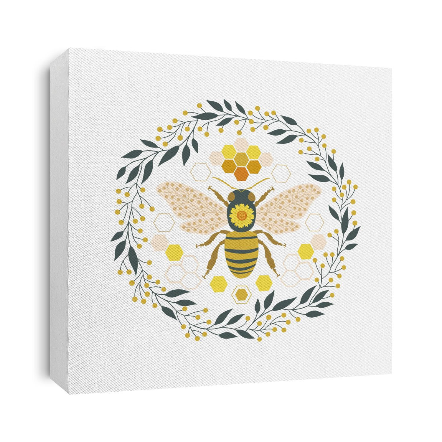 Ornate folksy floral bee in botanical wreath vector illustration isolated on white background. Decorative boho folk art honeybee insect symmetrical poster design. 