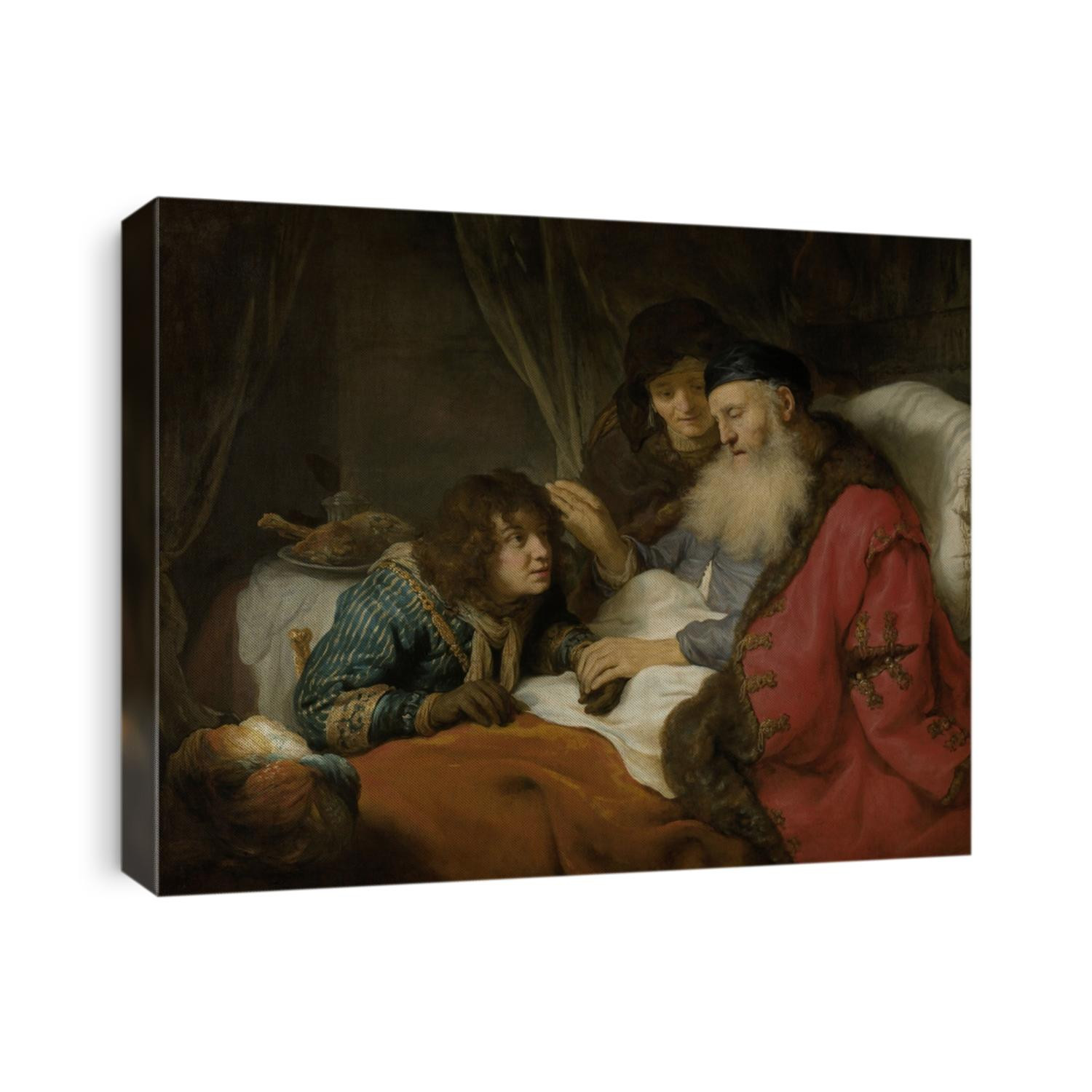 Isaac Blessing Jacob, by Govert Flinck, c. 1638, Dutch painting, oil on canvas. Jacob, pretending to be his older twin brother, Esau, is tricking their blind father into bestowing Esau's rightful