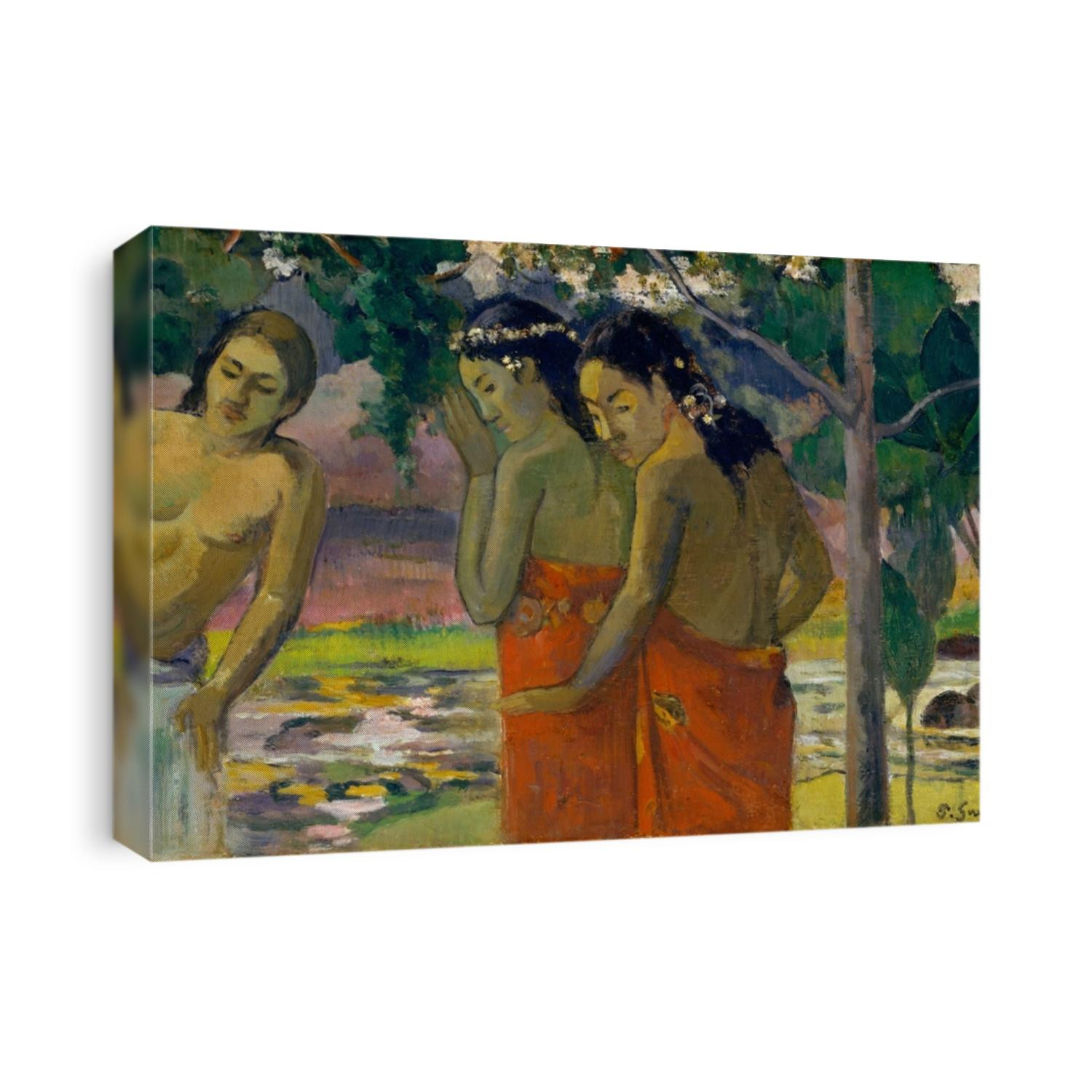 Three Tahitian Women, by Paul Gauguin, 1896, French Post-Impressionist painting, oil on canvas. The women are dressed in pareus in a tropical landscape