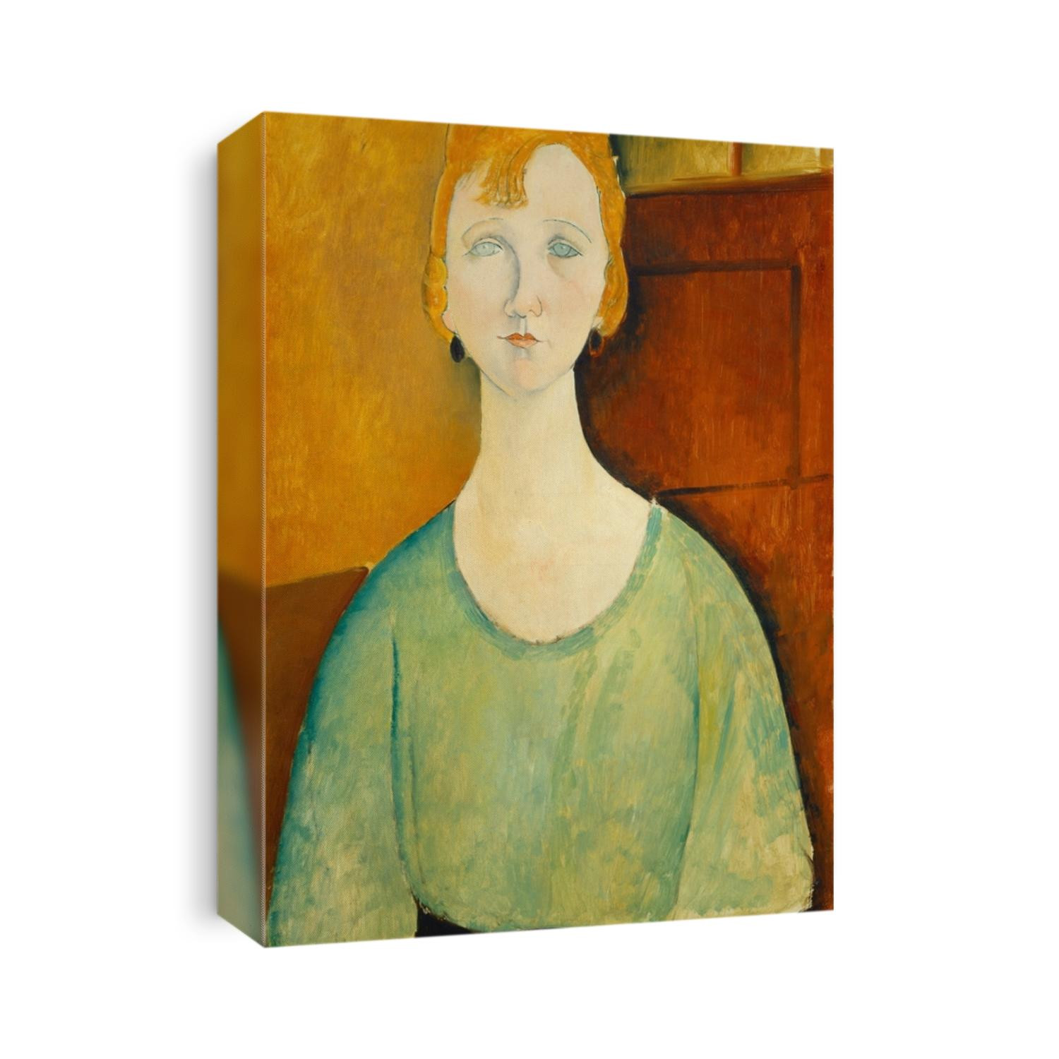 Girl in a Green Blouse, by Amedeo Modigliani, 1917, Italian painting, oil on canvas. This is one of several 1917 portraits, painted in a stylized abstraction which included miniaturized lips, elongat