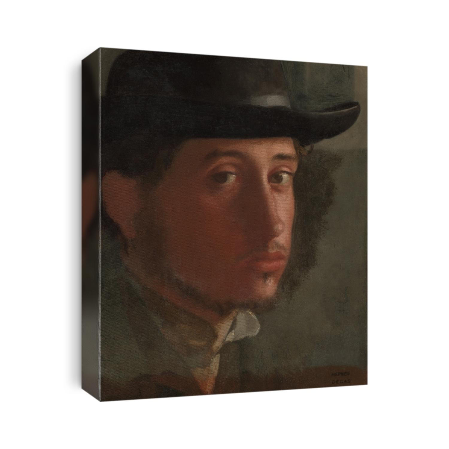 Self-portrait, by Edgar Degas, 1857-58, French impressionist painting, oil on paper. 23 year old Degas painted extreme close-up self-portrait, with saturated reds on the shadowed side of his face