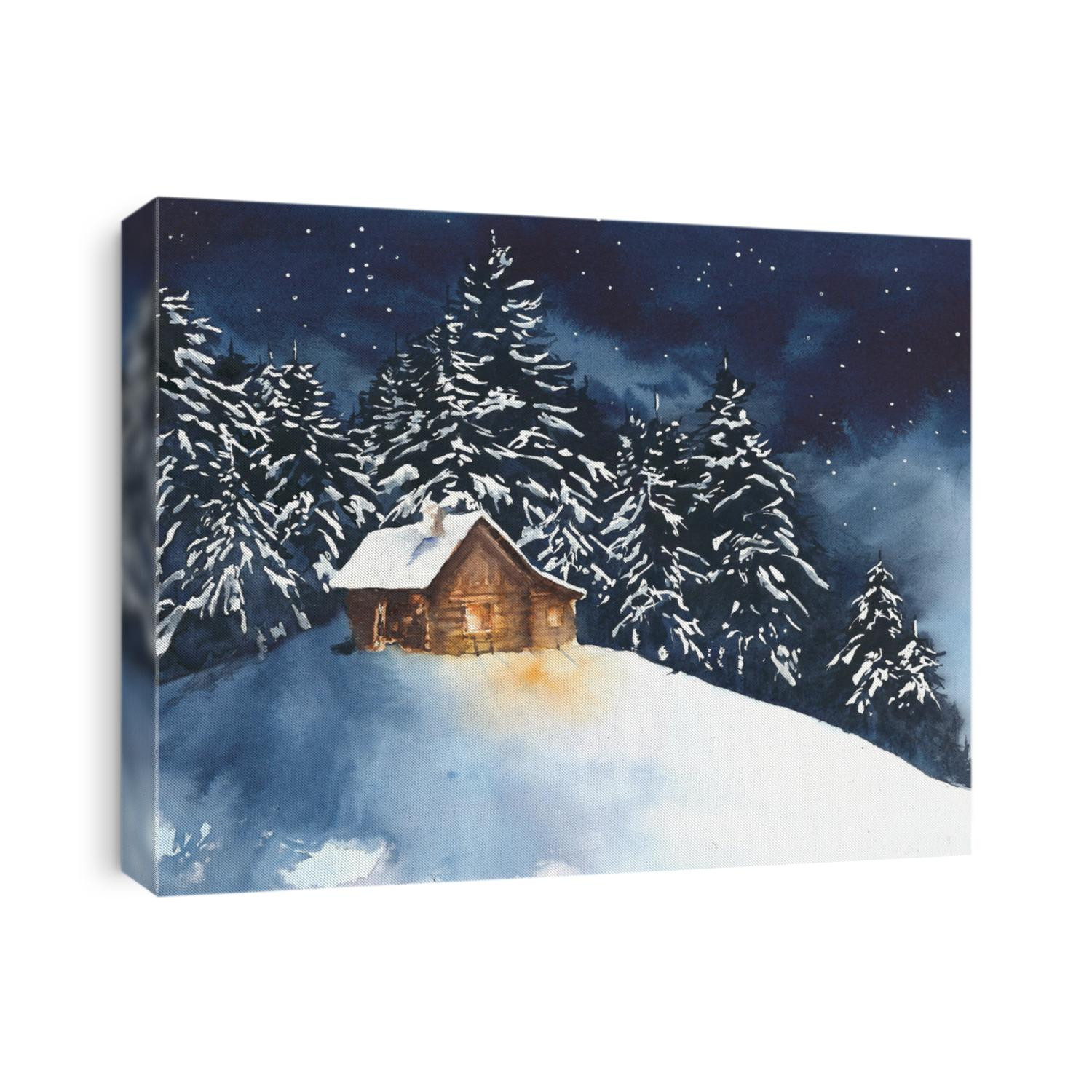 House cabin in the woods in the forest watercolor painting illustration greeting card christmas