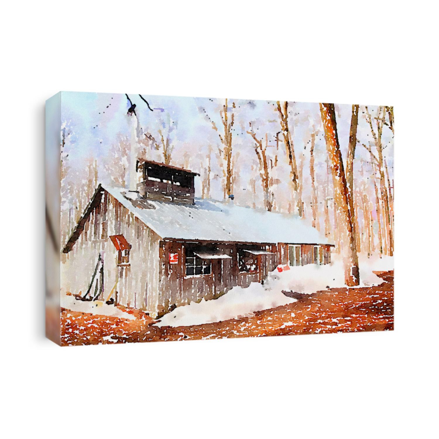 Digital watercolor of a beautiful and aged sugar shack during spring season in Quebec, Canada