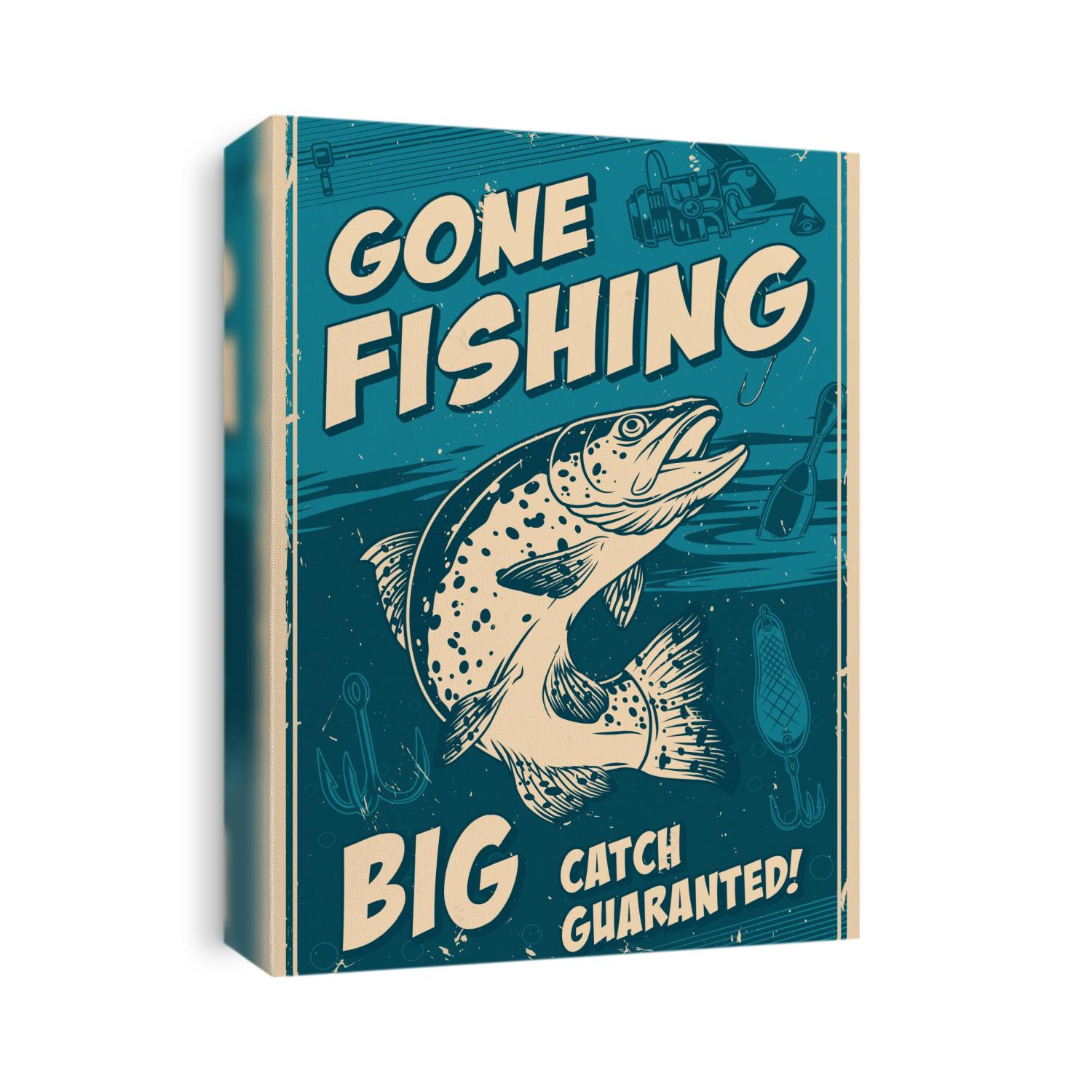 Fishing vintage poster with trout and fishing rod bait hook float in monochrome style vector illustration