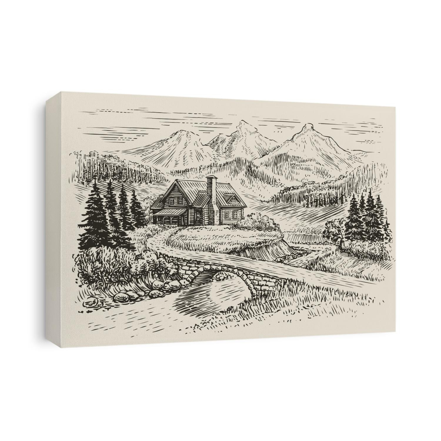 Wooden cabin in pine forest. Mountain landscape, rest at nature sketch