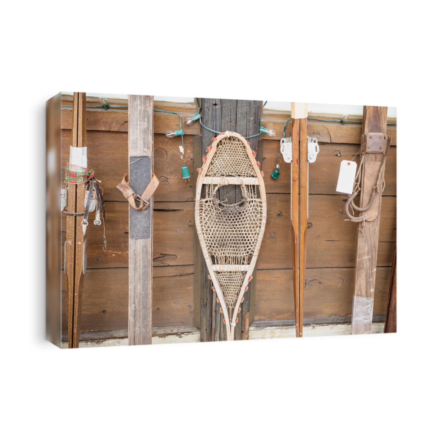 Snow Shoes and vintage skis  on display at winter resort