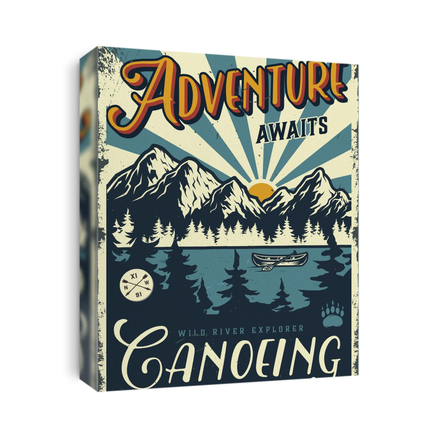 Vintage summer adventure colorful poster with canoe boat on forest and mountains landscape vector illustration