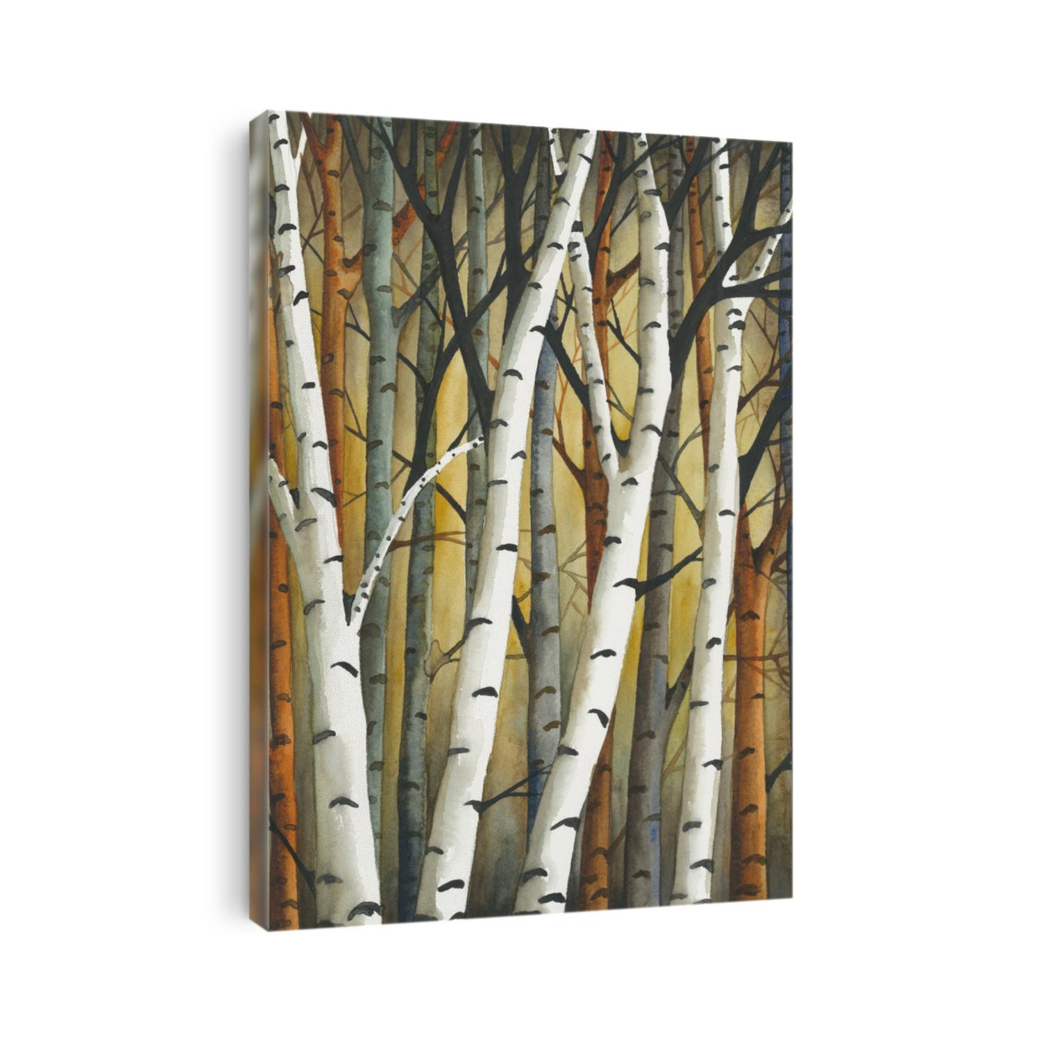 Watercolor painting of birch forest. Trunks of trees. View to the forest. White bark of birch trees. Birch trees paint.
