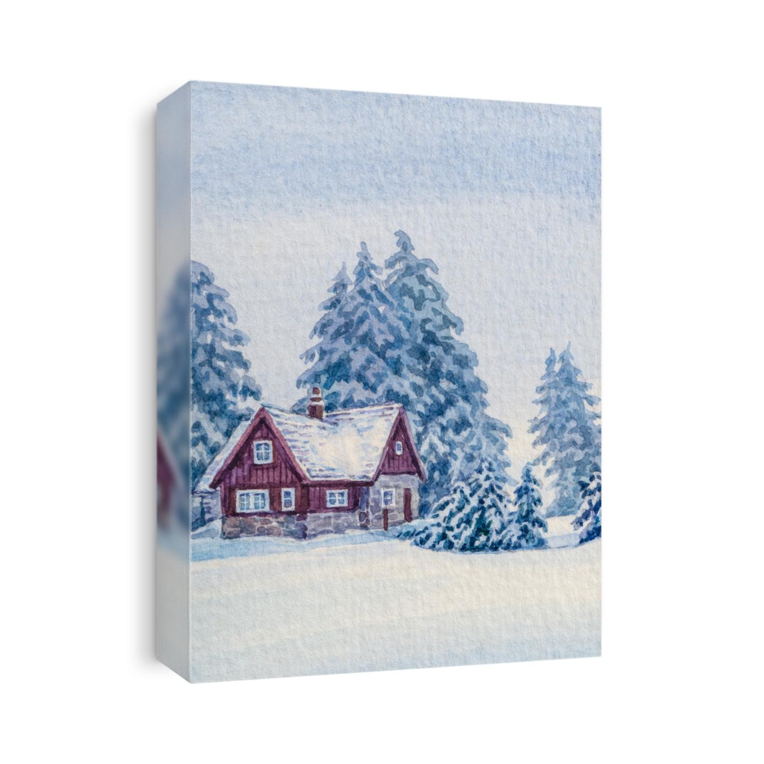 Watercolor painting and Acrylic drawing art. Winter Snowy landscape. Forest house or cabin. Cold winter season.
