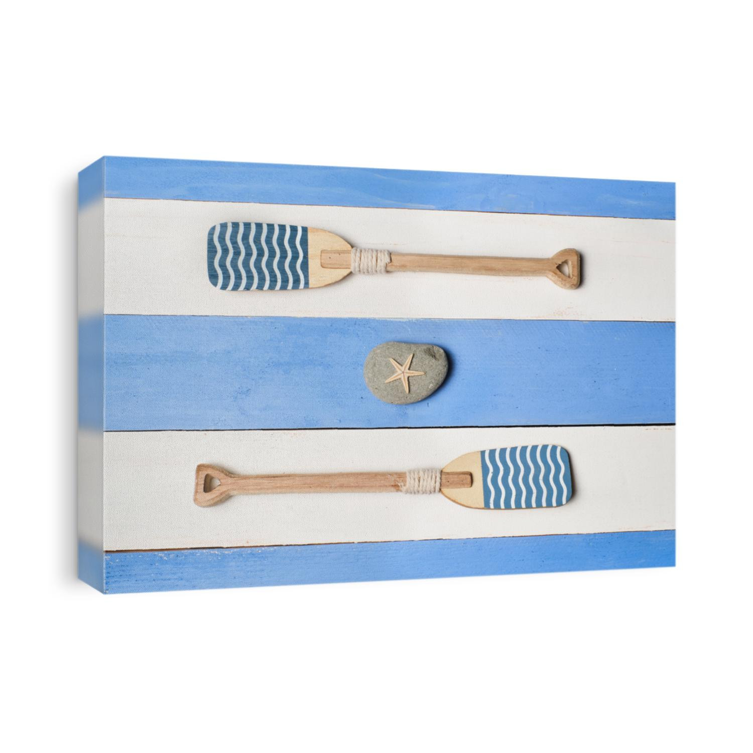 Two wooden canoe paddles (oars) with wave shape and starfish on blue and white background