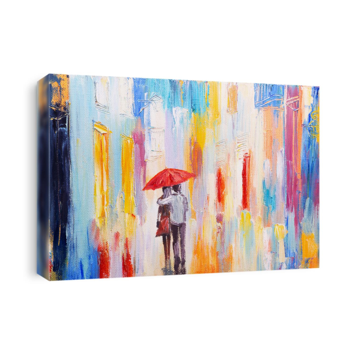 couple is walking in the rain under an umbrella, abstract colorful oil painting