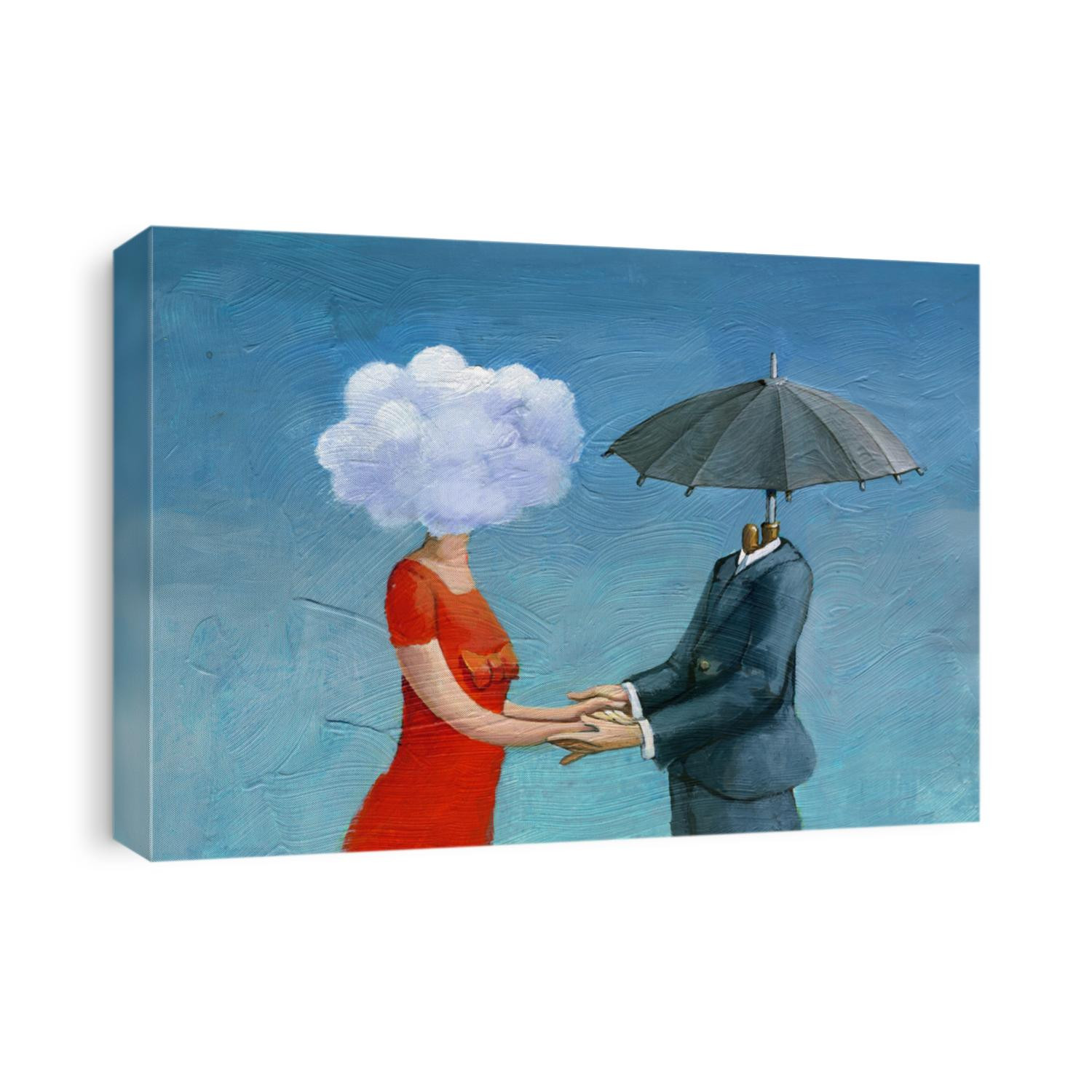 couple in profile, she has a cloud instead of the head, he an umbrella, relationship between opposites archetypes of masculine and feminine surreal illustration