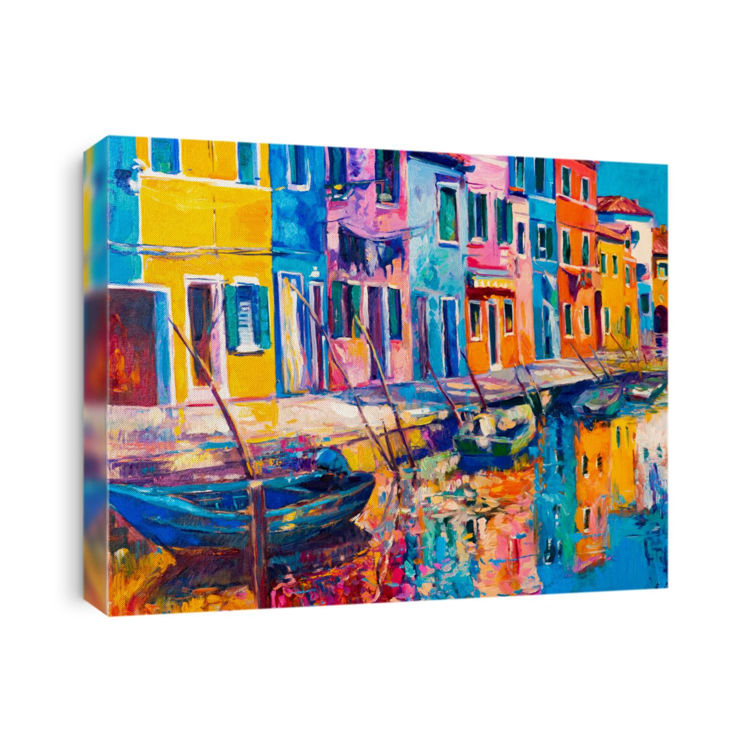 Oil painting on canvas. Colourful houses. Modern art