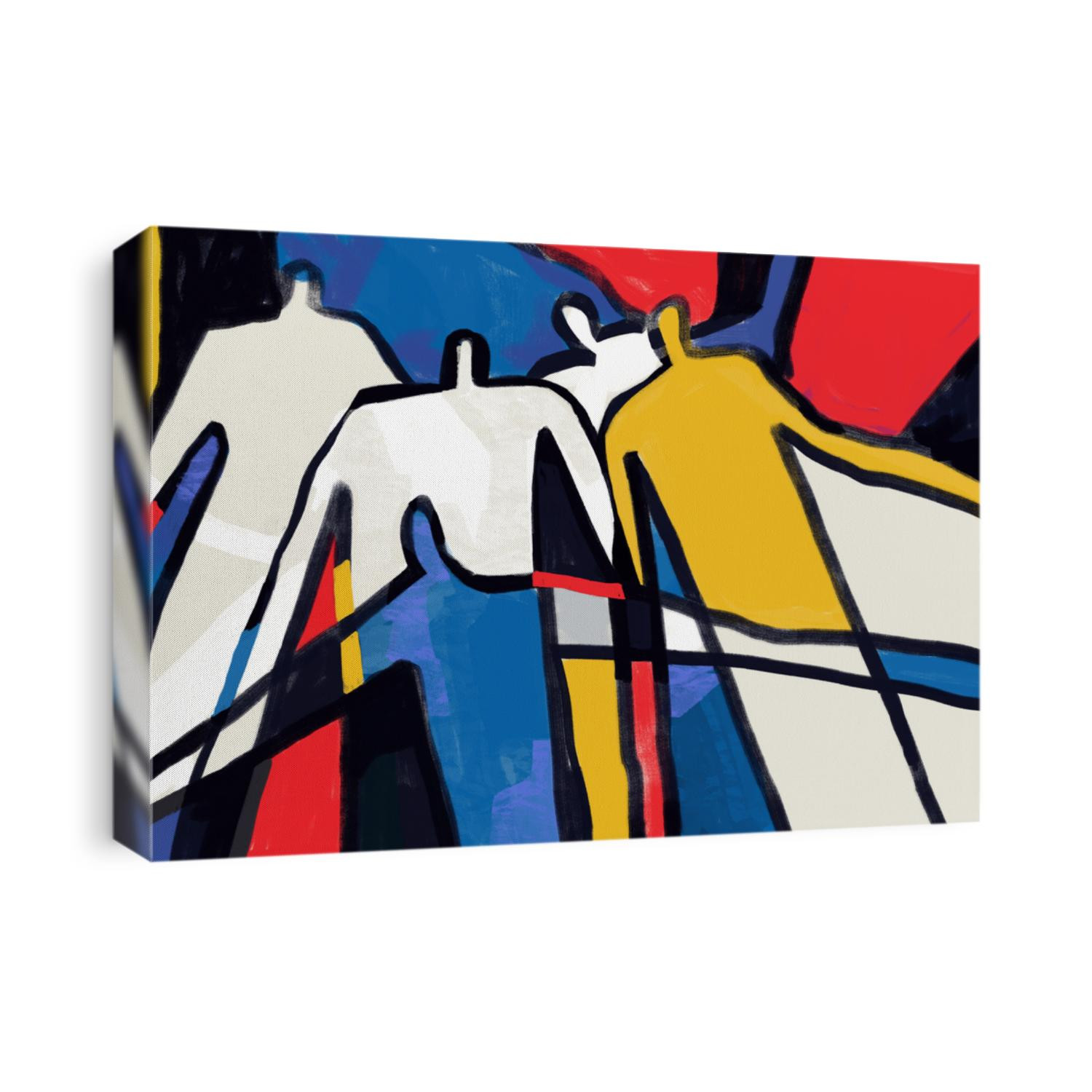 Colorful abstract neoplasticism and cubism art style. Painting with primary color in Mondrian style with abstract people. For print and wall art.