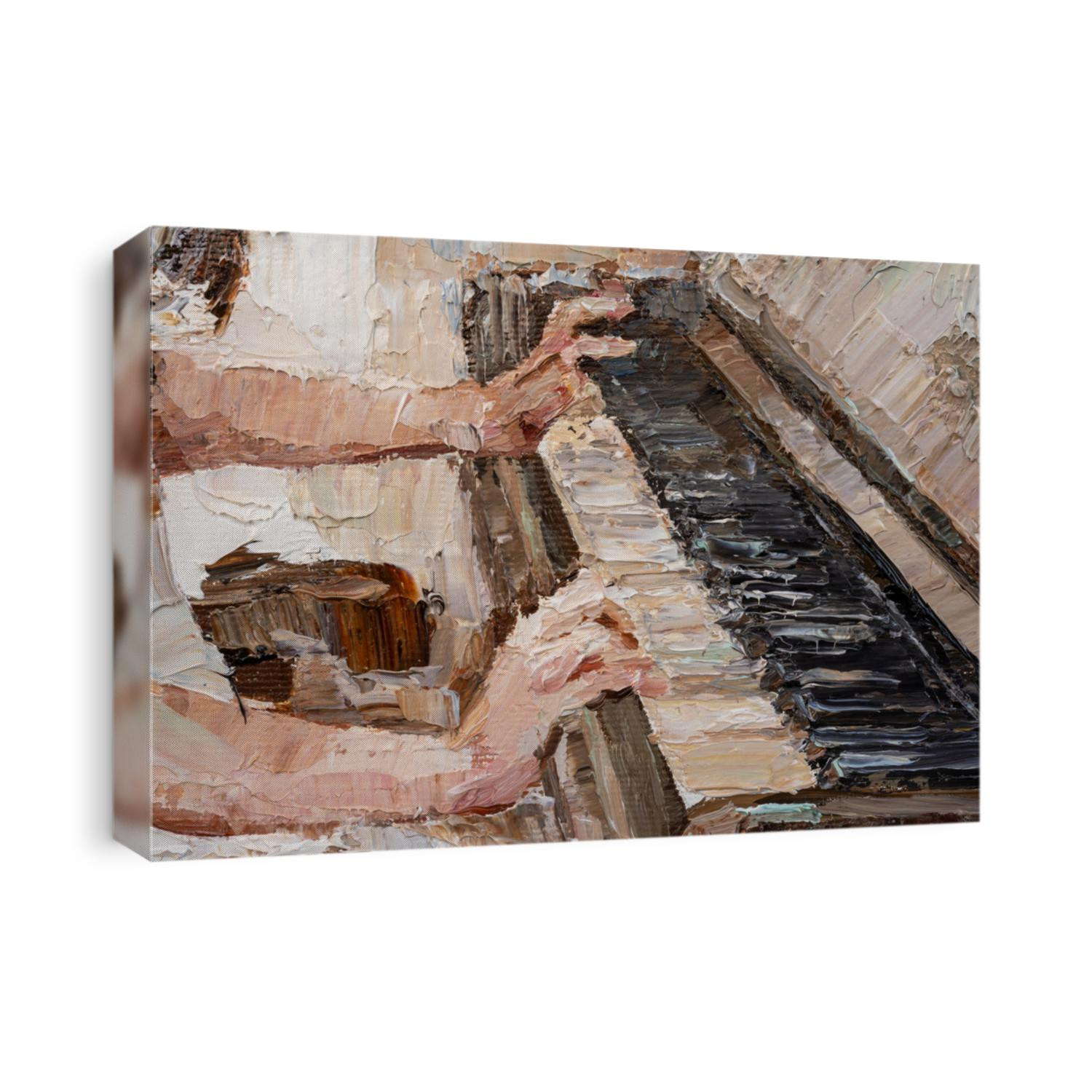 Fragment of artwork where young beautiful girl hplays the piano. Created in the expressive manner. Palette knife technique of oil painting and brush.