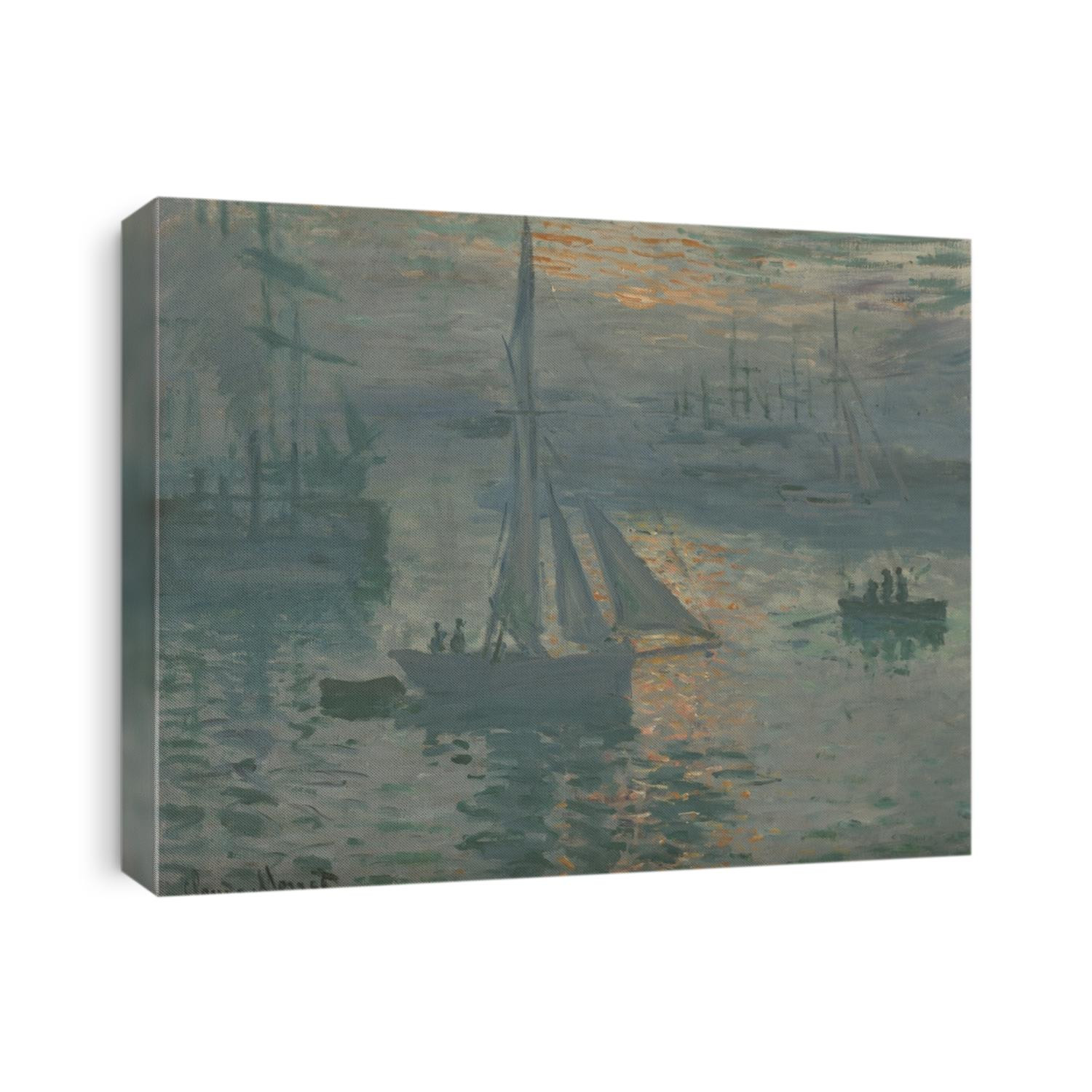 Sunrise (Marine), by Claude Monet, 1873-74, French impressionist painting, oil on canvas. Claude Monet painted the coastal port of Le Havre at dawn as brilliant orange of the rising sun glimmers agai