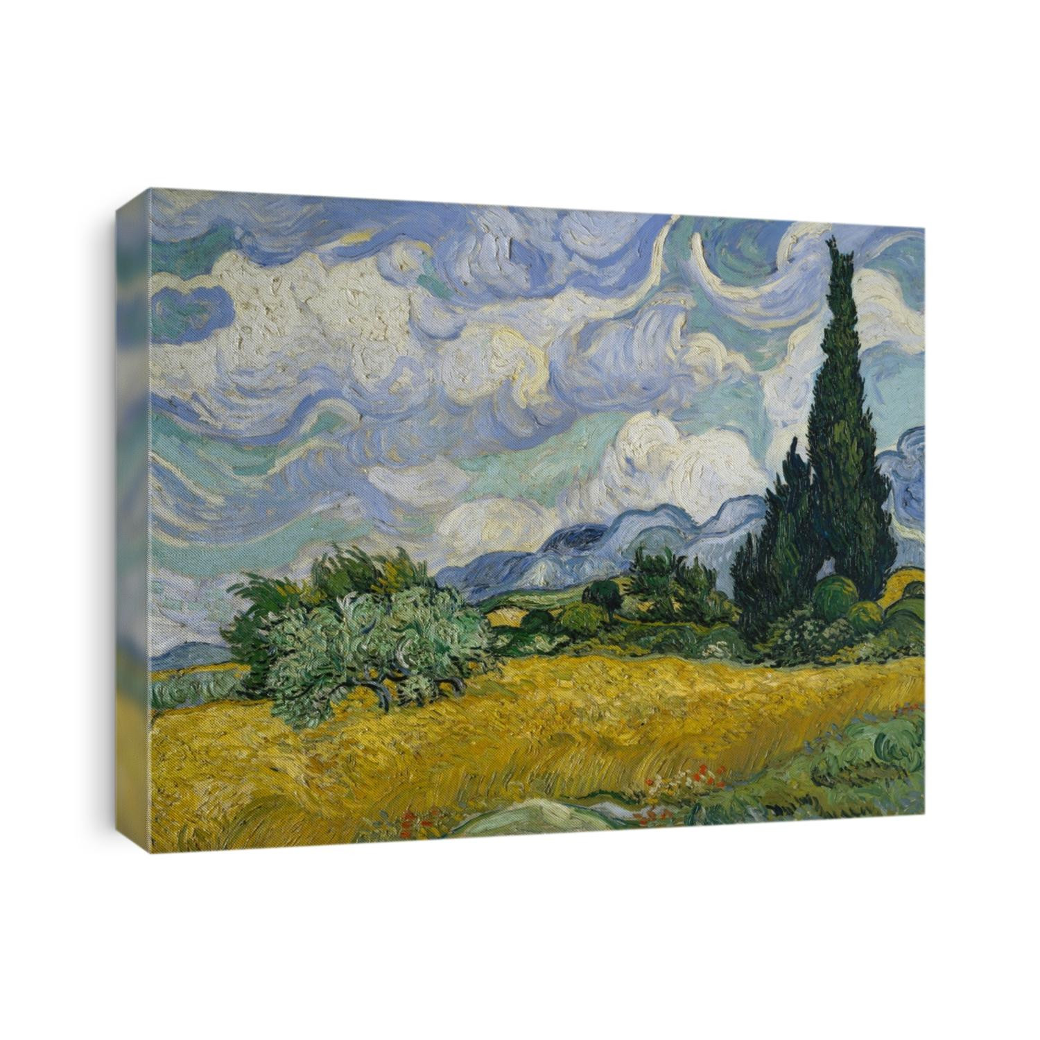 Wheat Field with Cypresses, by Vincent Van Gogh, 1889, Dutch Post-Impressionist, oil on canvas. This was his first version and was likely painted en plein air, when Van Gogh was able to leave the prec