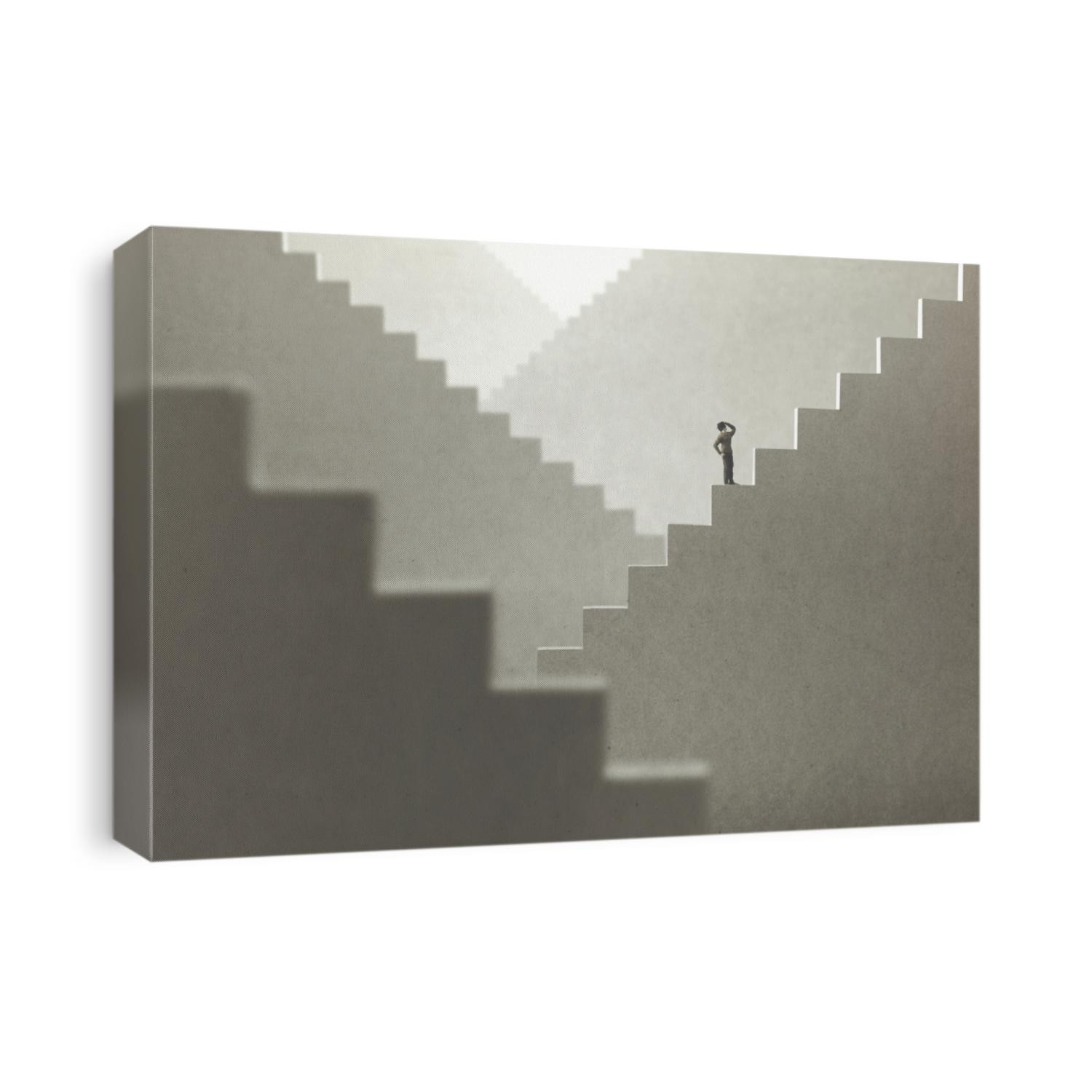 surreal concept of a man rising stairs to try to reach the top