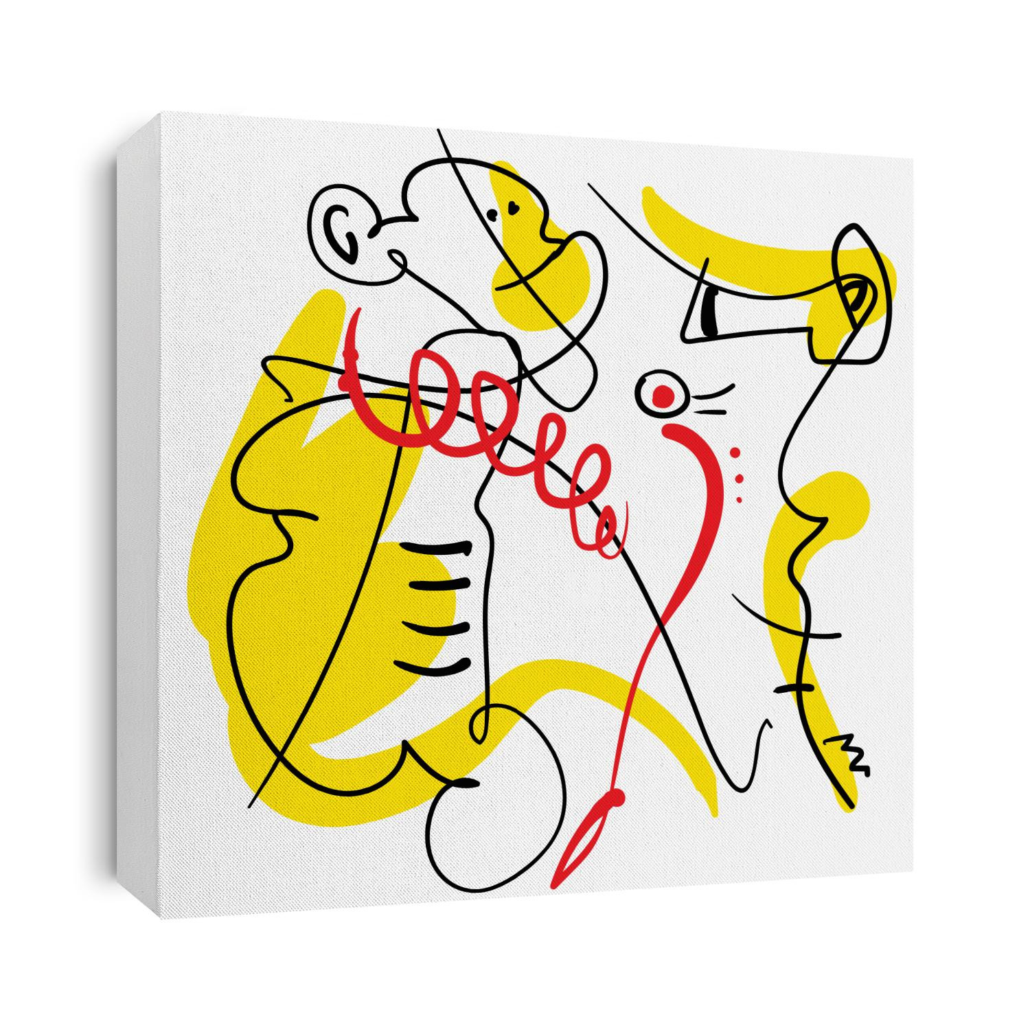 abstract one line contemporary composition, black, yellow and red, surreal minimalistic outline person with monkey and sea horse