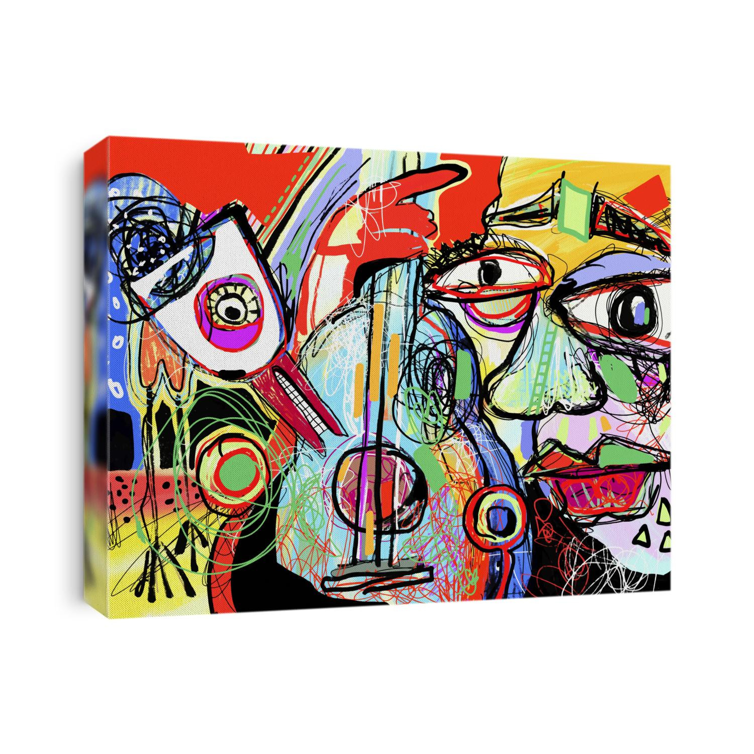 original digital painting cubism style of a man plays the guitar and a fantastic bird listens to his song, contemporary art vector illustration