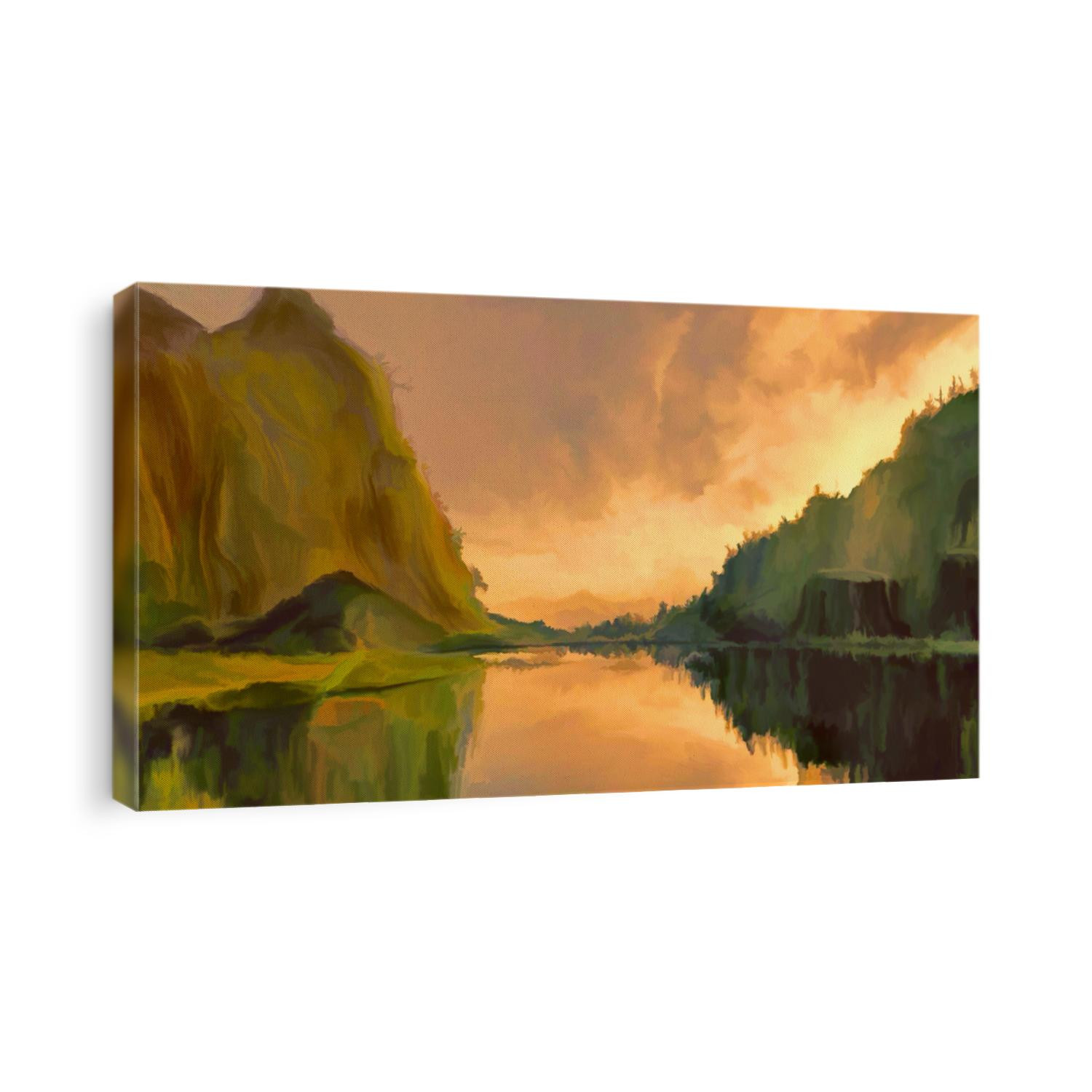 Illustration of landscape digital painting where it is observed two large mountains in the background reflected on the waters of a lake