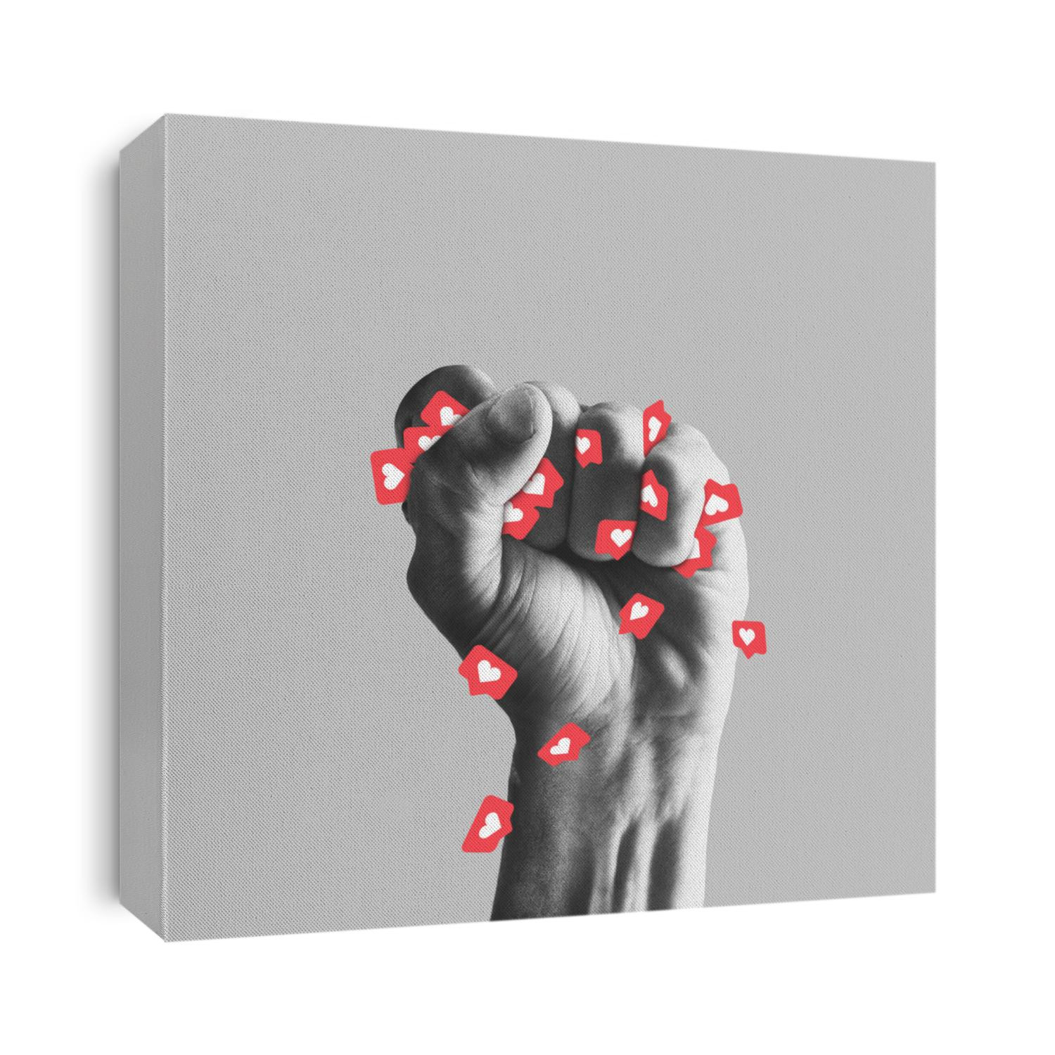 Human fist full of likes. Stop addiction of social media. Modern design, contemporary art collage. Inspiration, idea, trendy urban magazine style. Negative space to insert your text or ad.