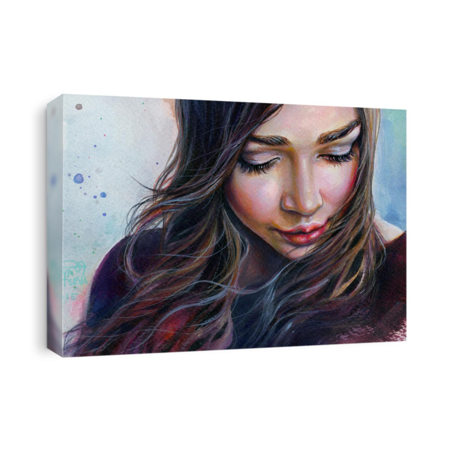 Colorful watercolor painting of a young beautiful girl with long hair looking down sad smiling on the sky background. 